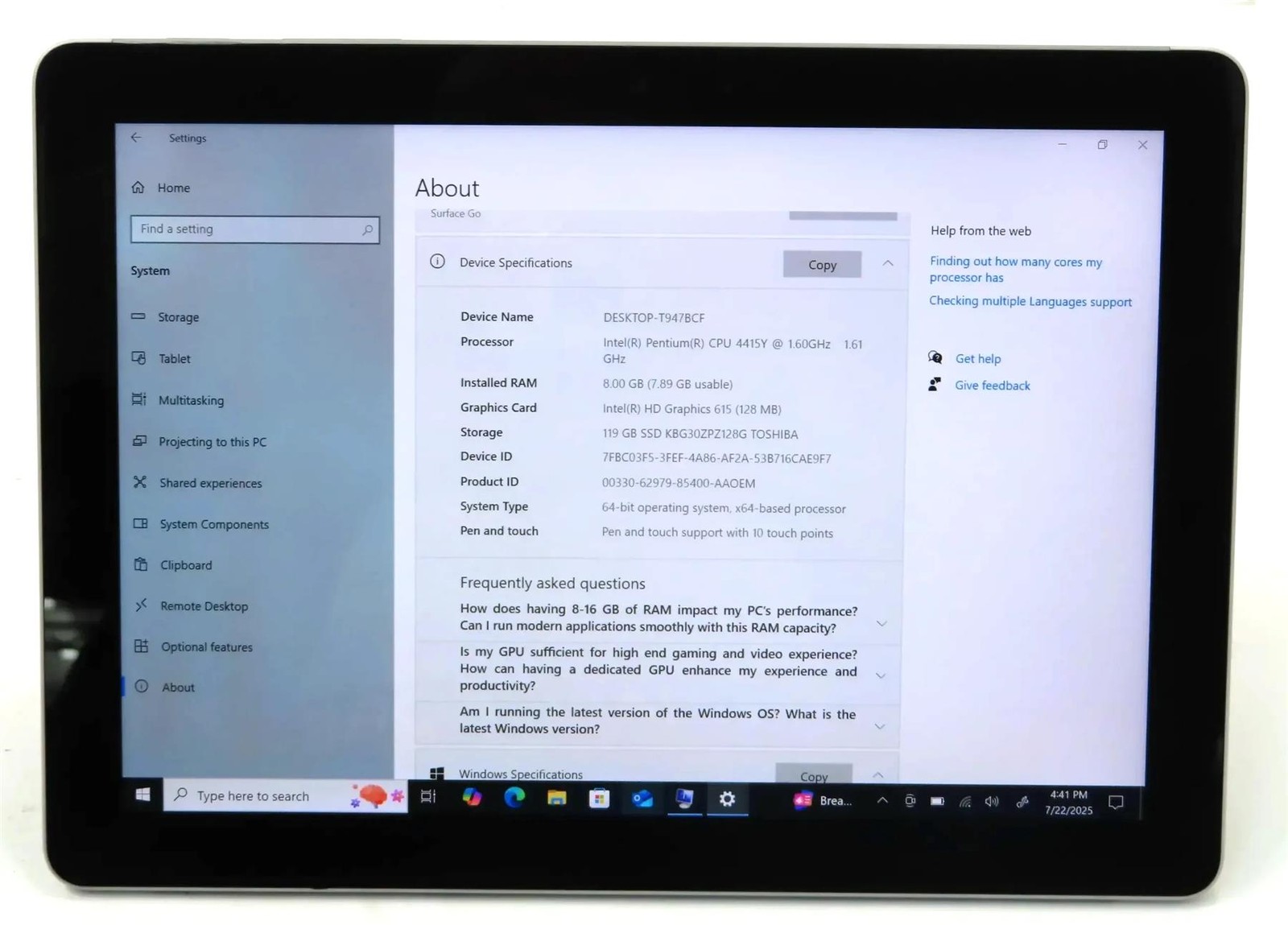 Microsoft Surface GO 1824 10” Intel Pentium 4415Y 1.6GHZ 8GB 128GB WIN 10 Pro