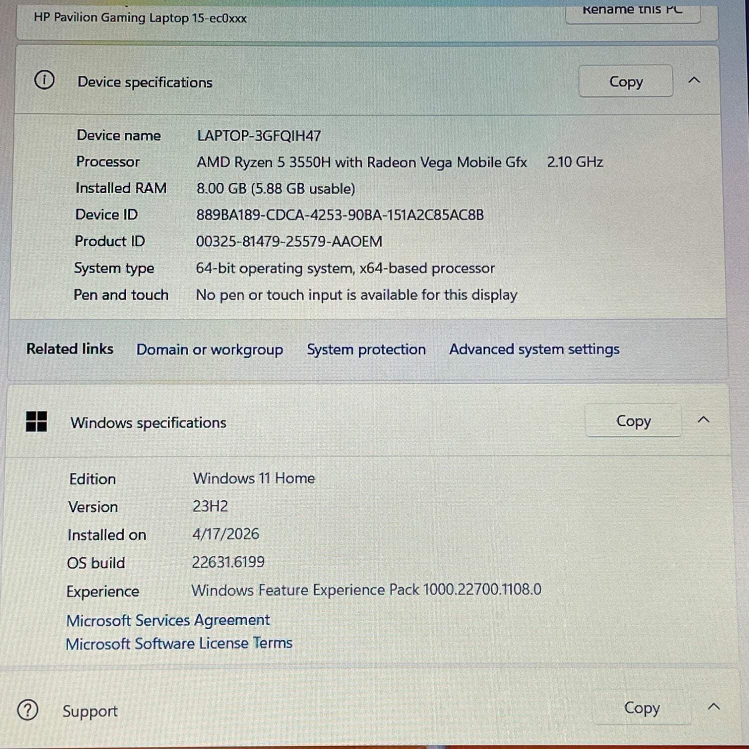 HP Pavilion 15-EC0XXX 15.6″ Ryzen 5 3550H 2.1GHz 6GB RAM 256GB SSD