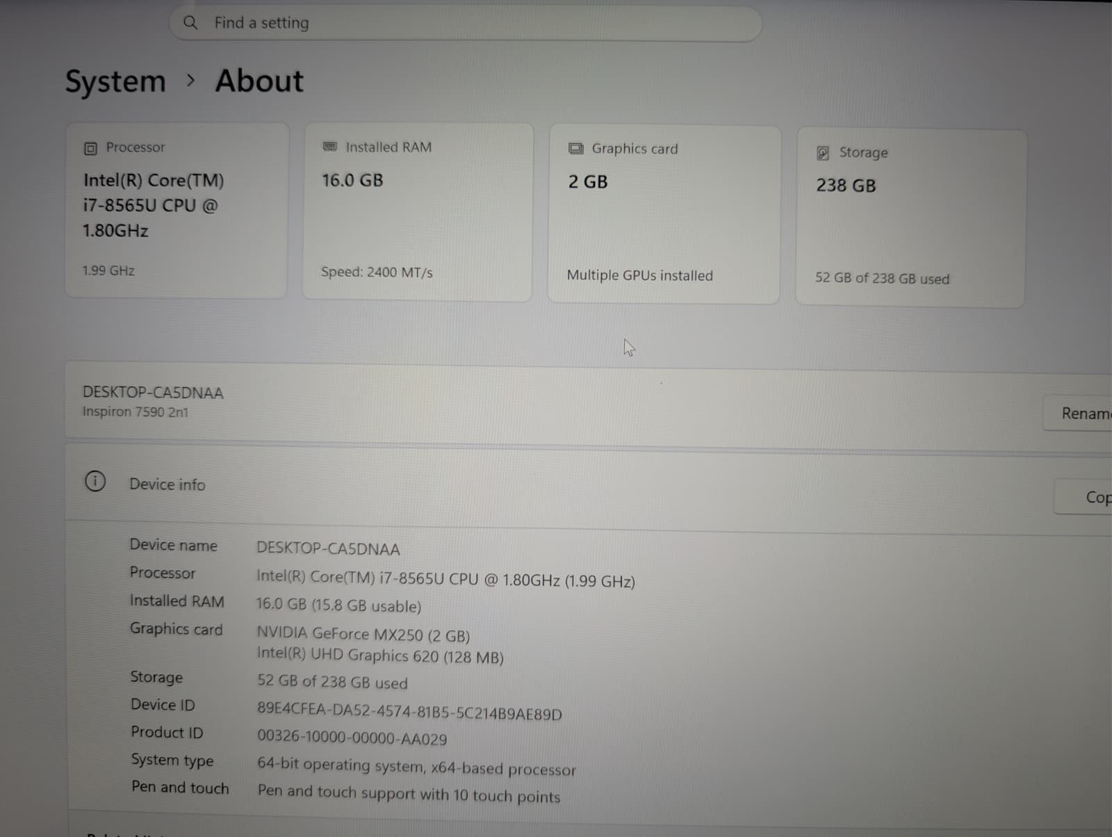 Dell Inspiron 15 7590 2n1 4K | i7 8th 16GB RAM 256GB SSD | NVIDIA MX250 Backlit
