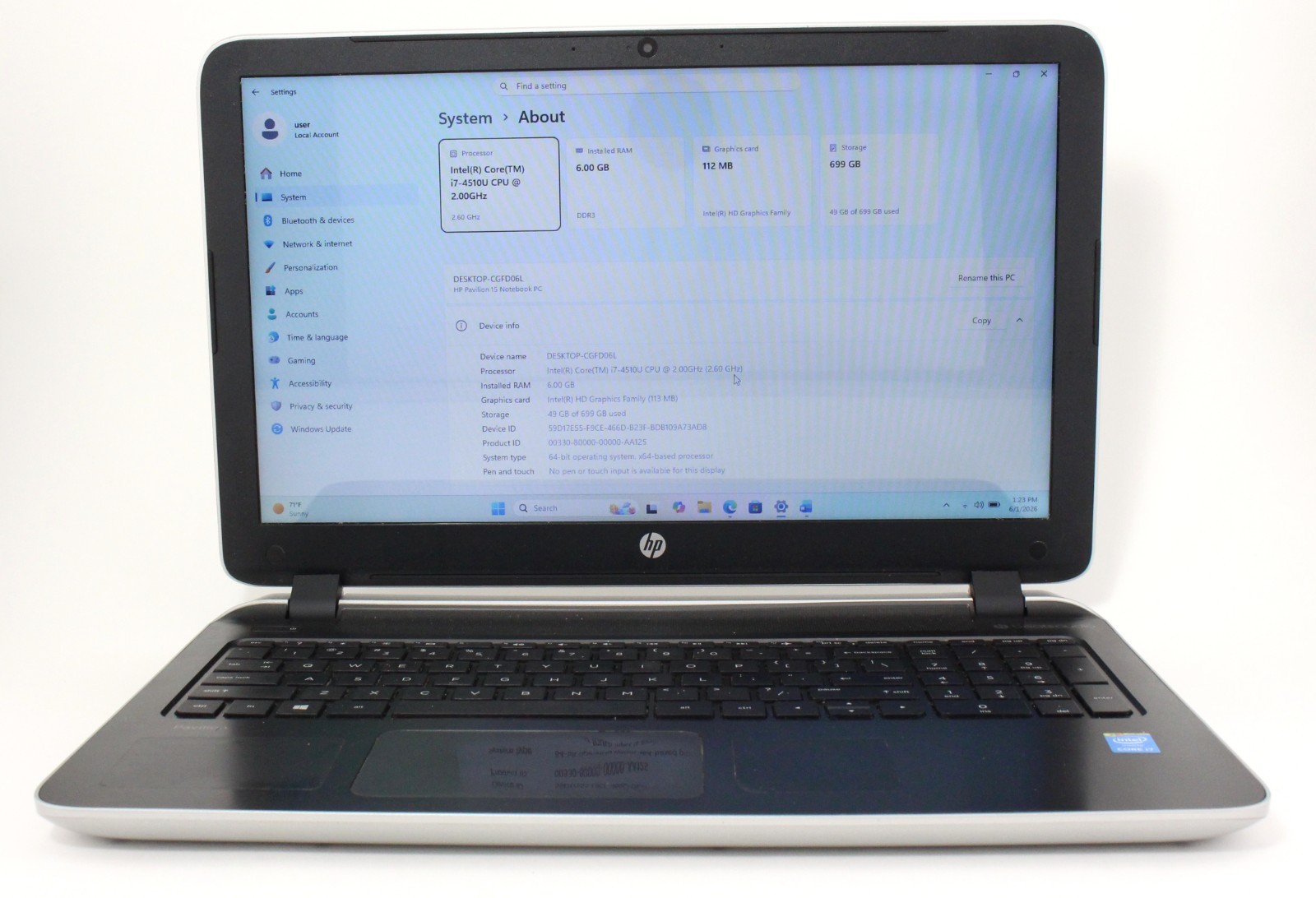 HP Pavilon 15 15.6″ 2GHz i7-4510U 750GB HDD 6GB RAM Windows 11 Pro ; 6181886