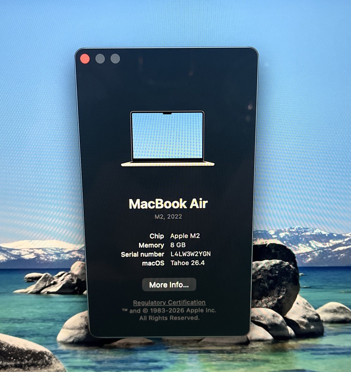 Apple A2681 MacBook Air Mid 2022 M2 8 Core@3.49GHz, 8GB DDR5, 250GB M2, Tahoe