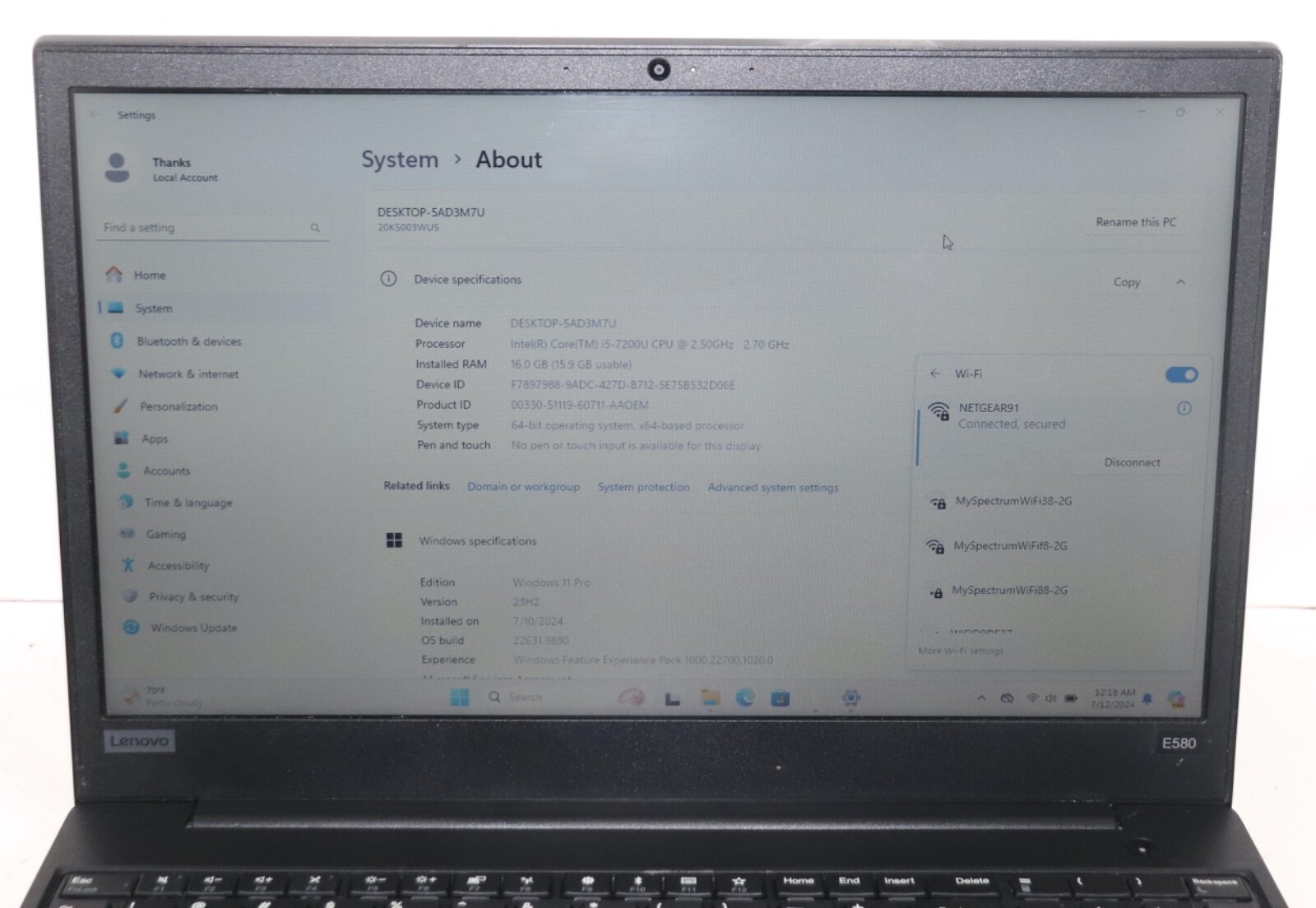 Lenovo ThinkPad E580 Inte core i5@2.60GHz|16GBRAM|256GBSSD HDD|WIN11.PRO|Webcam