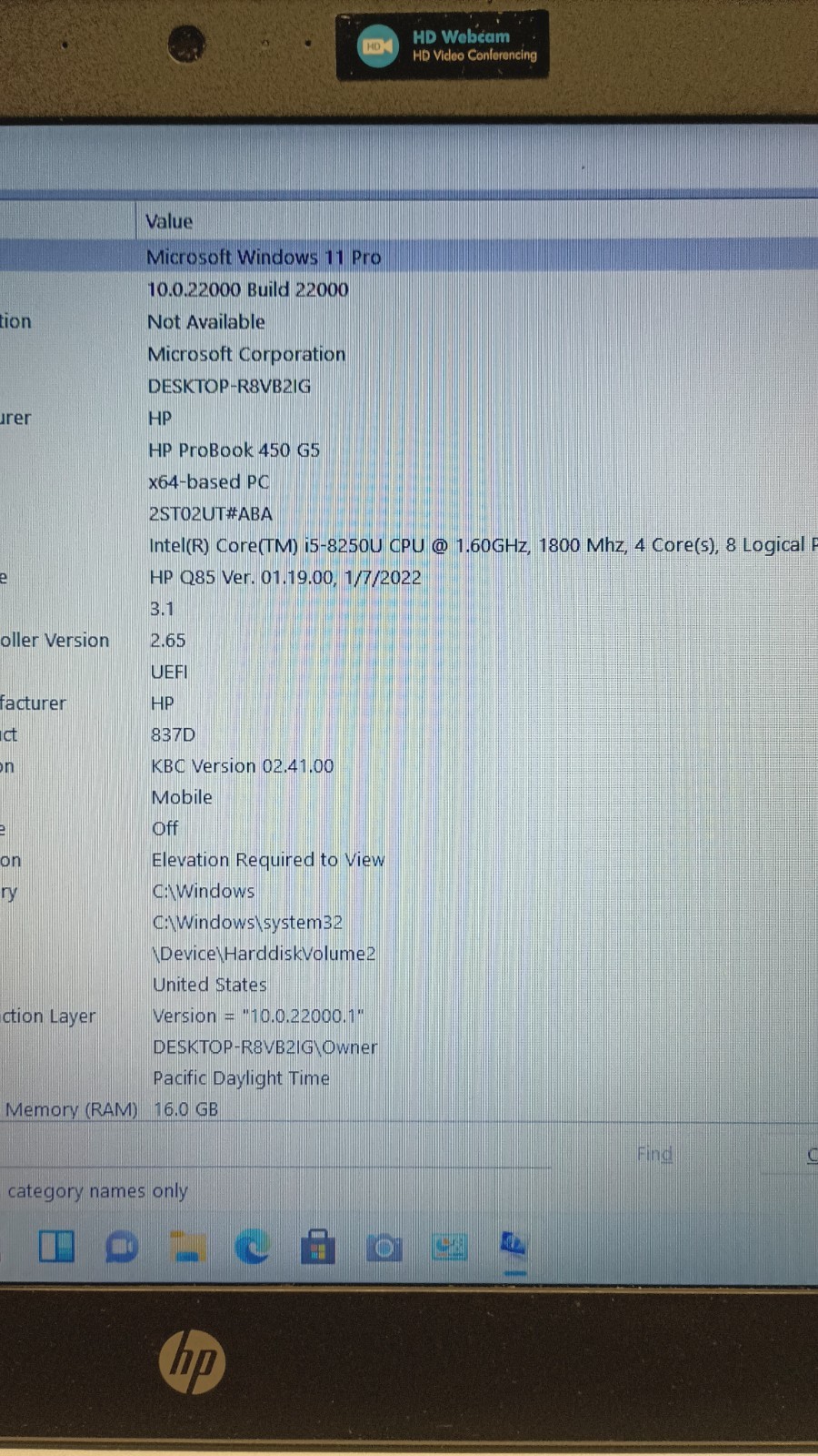 80703 Probook450 G5 w/charger.i5 8250U (4 Cores).16GB.250GB SSD.15.6′.W11 Pro