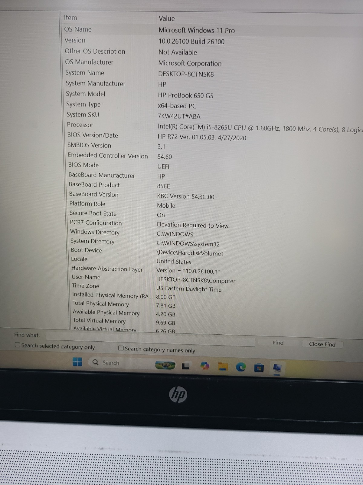 HP ProBook 650 G5 i5-8265U 1.60GHz 8GB Ram 256GB SSD Win 11 Pro READ