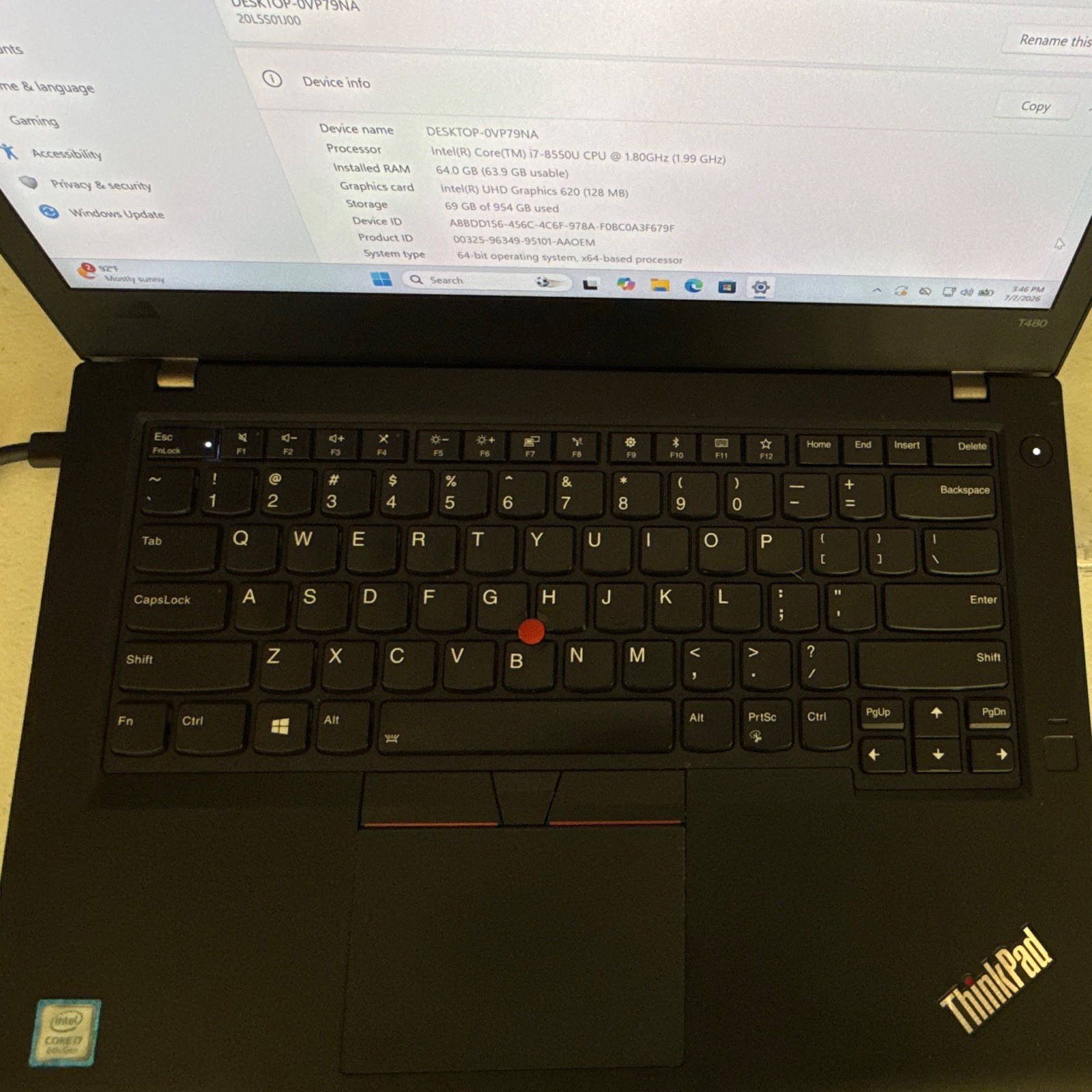 Lenovo ThinkPad T480 | i7-8550U | 64GB RAM | 1TB NVMe SSD | 14″ FHD | Win11