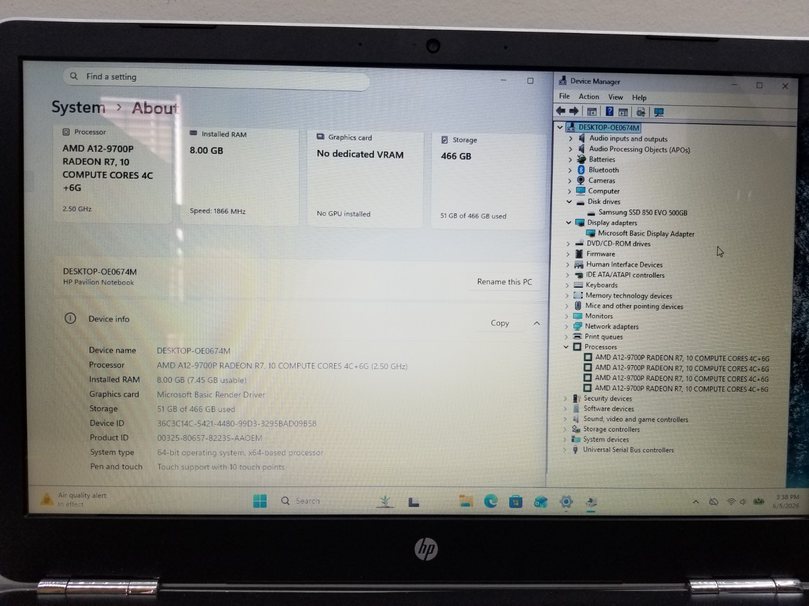 HP Pavilion 15-aw 15.6″ Touch AMD A12-9700P 2.5GHz 8GB RAM 500GB SSD Win11H READ
