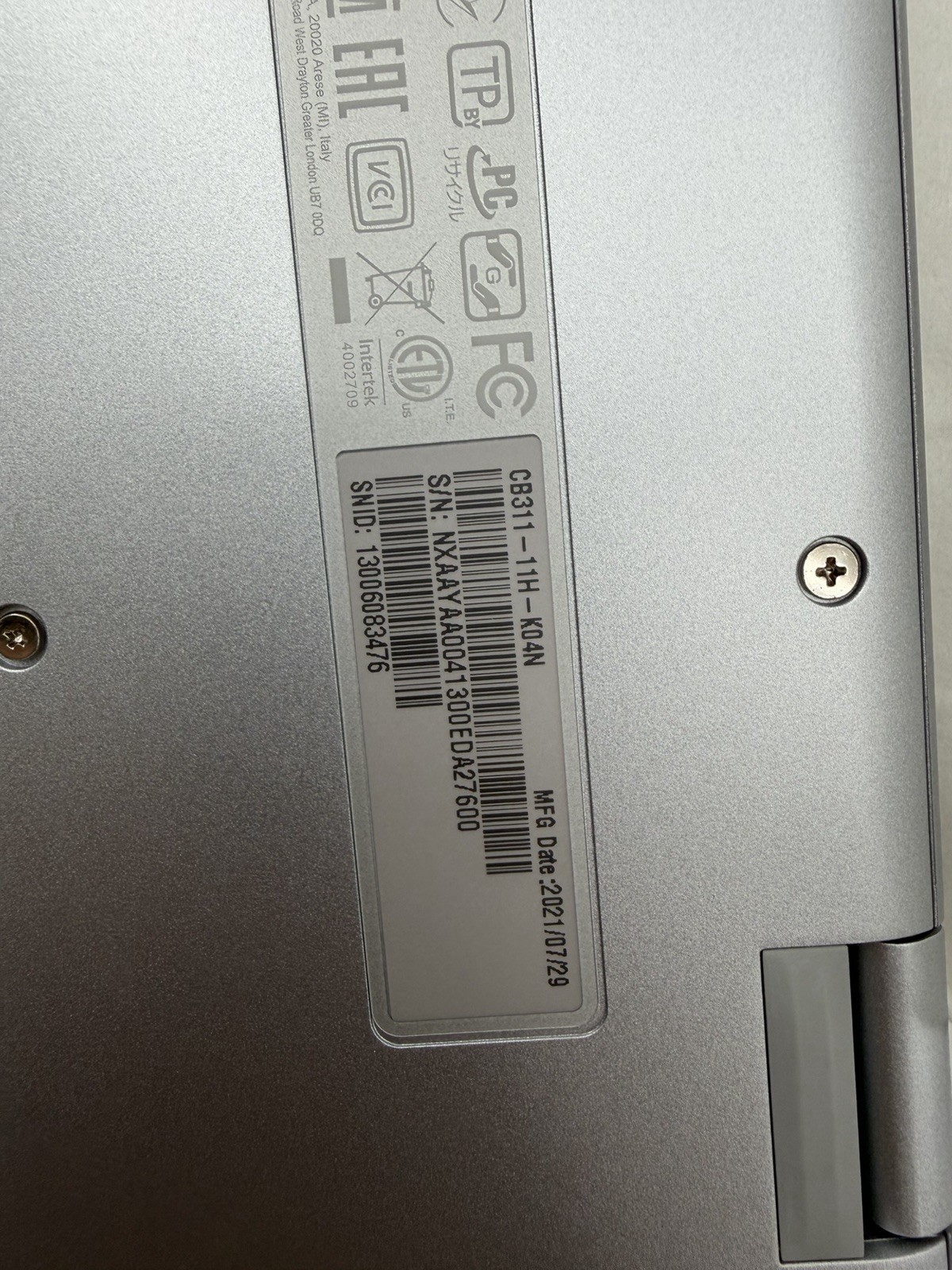 Acer chrome book CB311-11H- KO4N Pure silver Model-N19Q10
