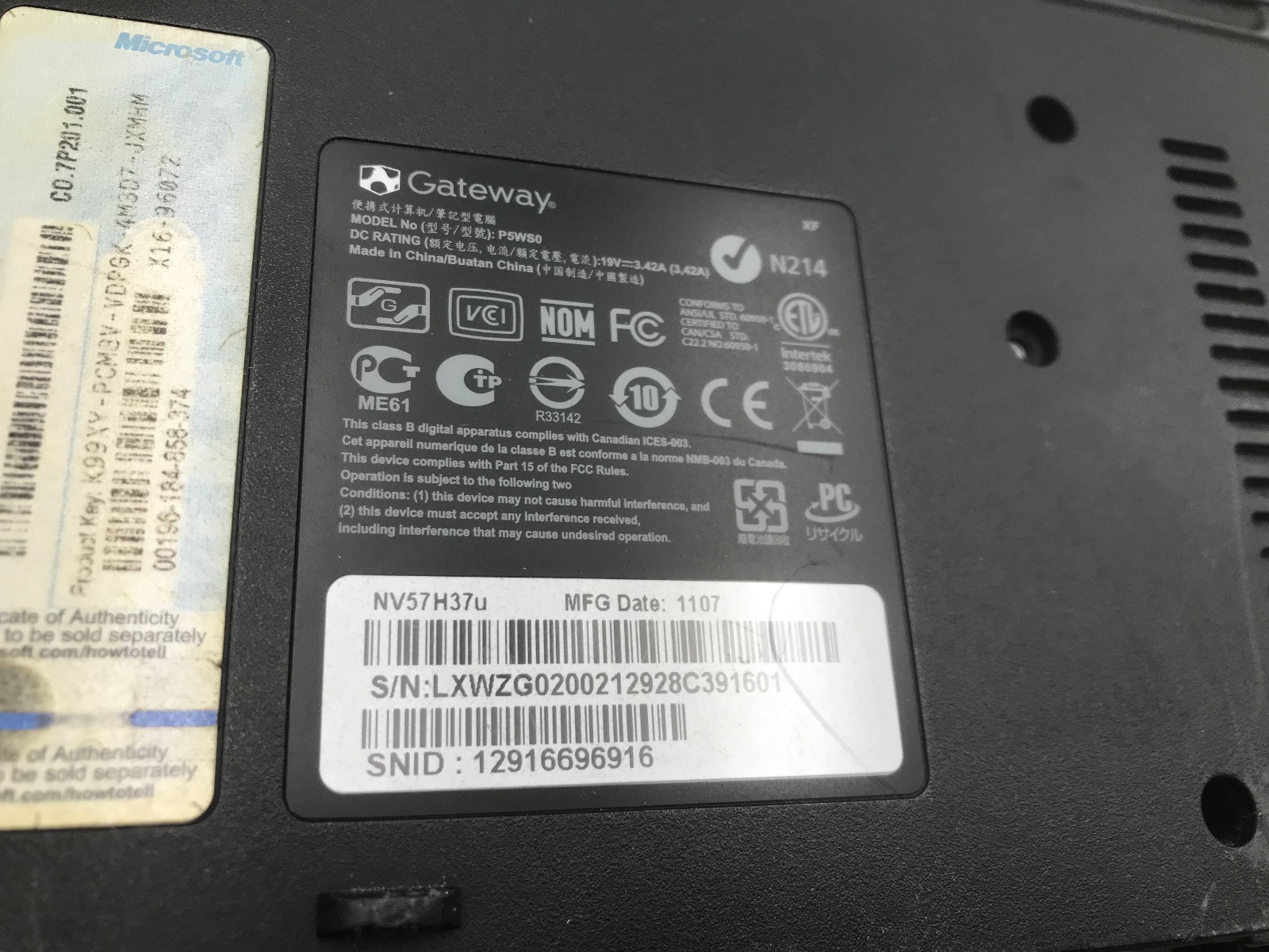 GATEWAY NV57H37U – BOOTS TO BIOS – INTEL I3 2310M – NO RAM – READ DESCRIP – BB!!
