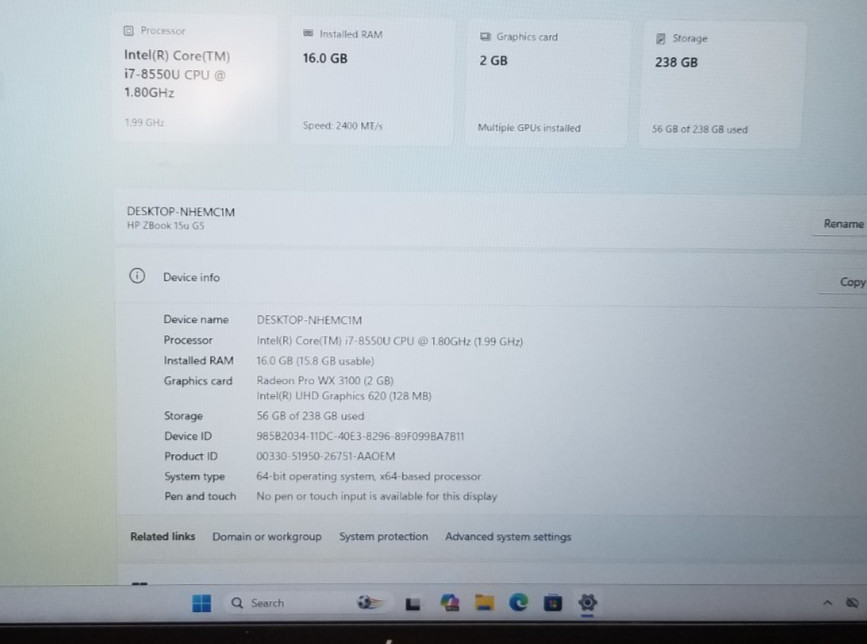 HP Zbook 15u G5 15.6″ Laptop i7-8550U,16GB RAM 256GB SSD PRO WX 3100 WIN 11 PRO