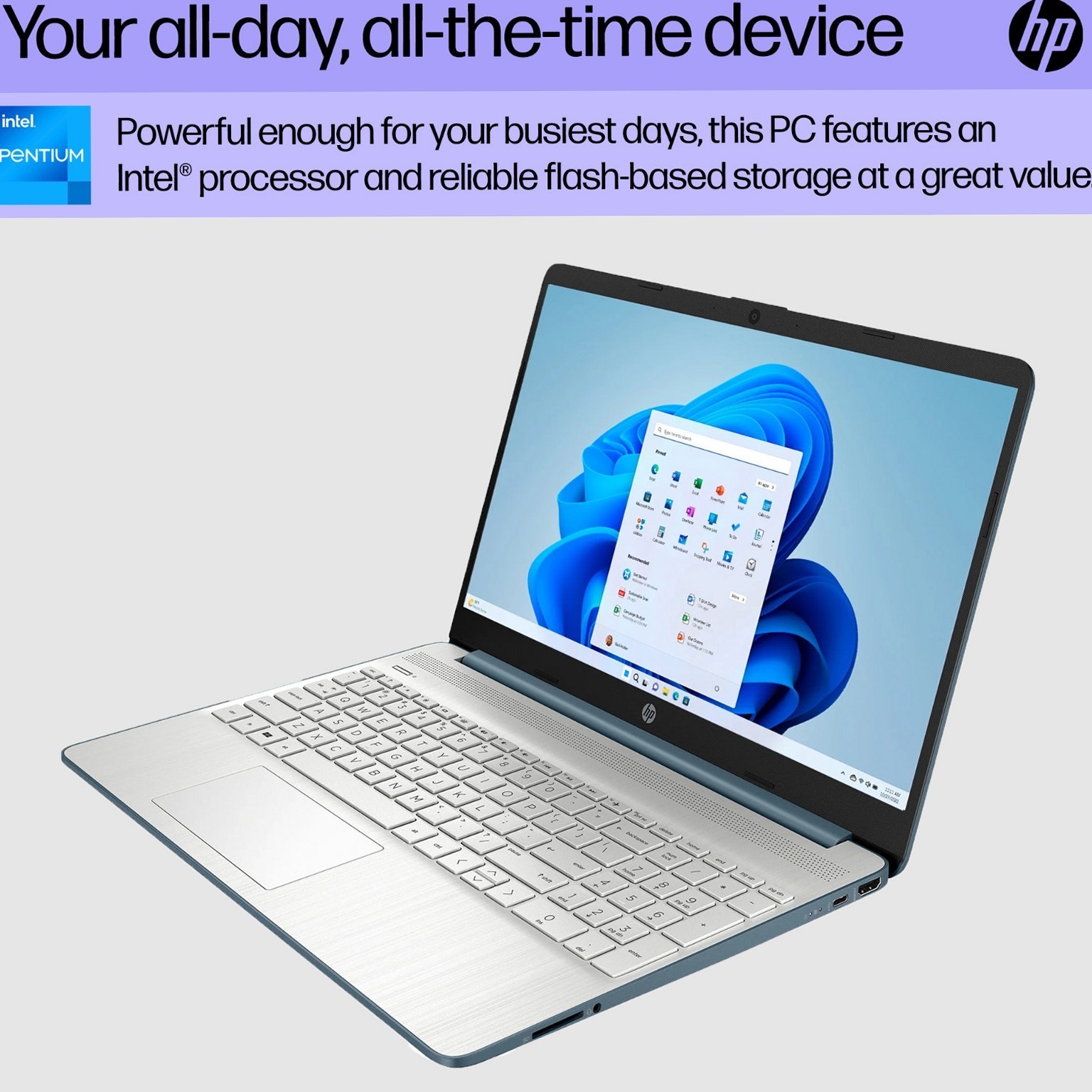 HP 15.6in Laptop Intel Pentium N5030 8GB RAM 256GB SSD Windows 11 Pro Spruce Blu