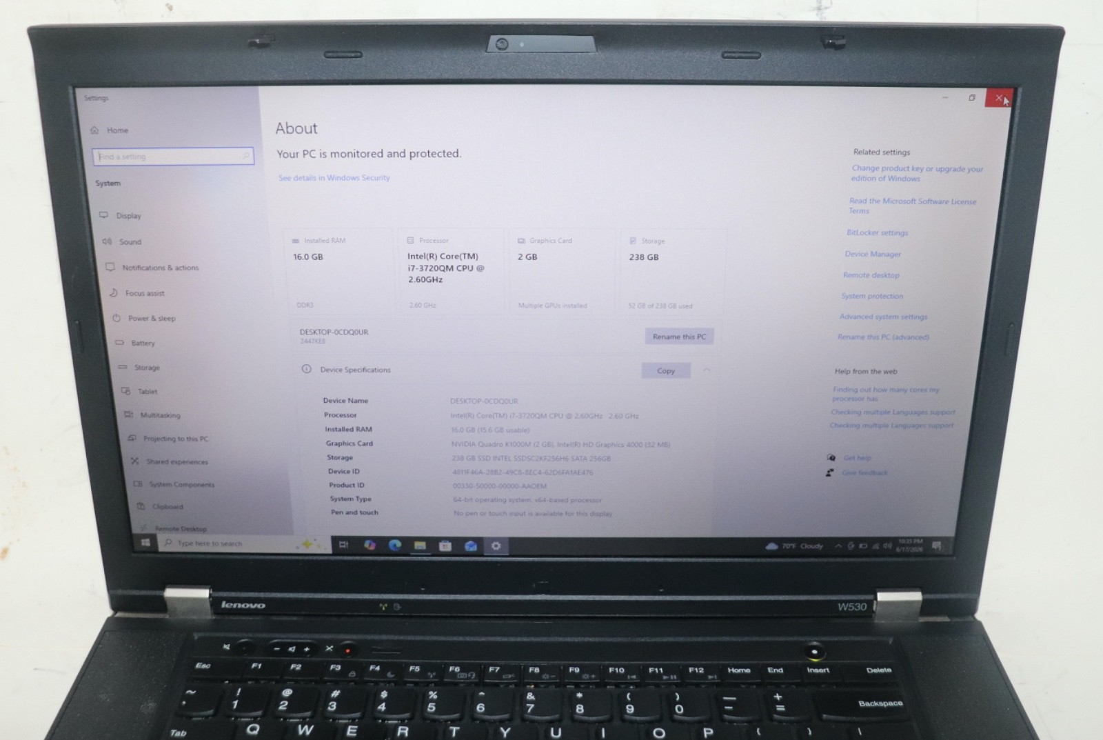 Lenovo ThinkPad W530|Core i7@2.60 GHz|16GB RAM 256SSD|WIN 10. PROF|NVIDIA|WiFi