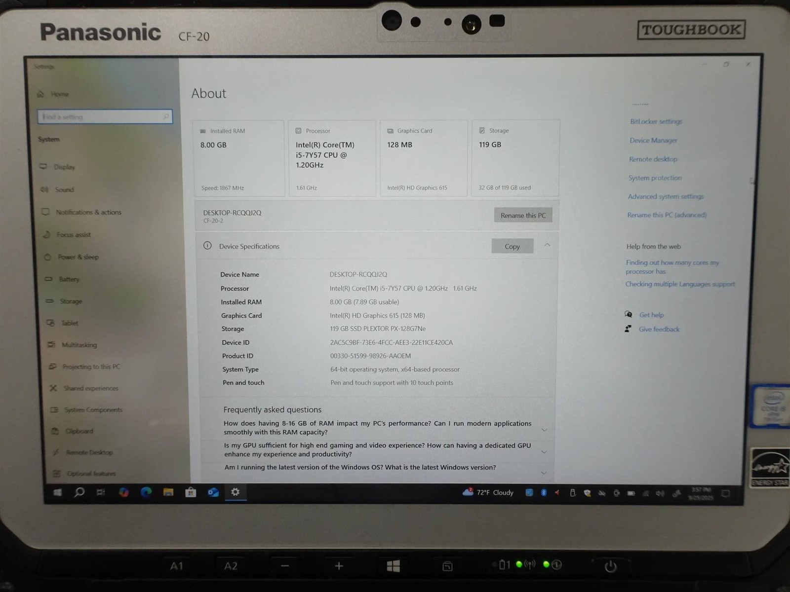 Panasonic ToughBook CF-20 Core i5-7Y57 1.20GHz 8GB 128GB