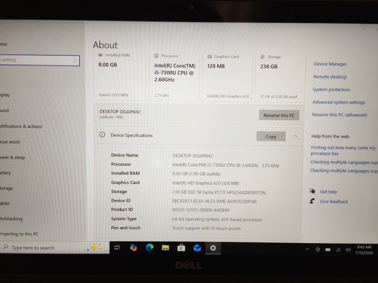 Dell Latitude 7480 14″ Touch Screen FHD Laptop i5-7300U 8GB RAM 256GB SSD w/AC
