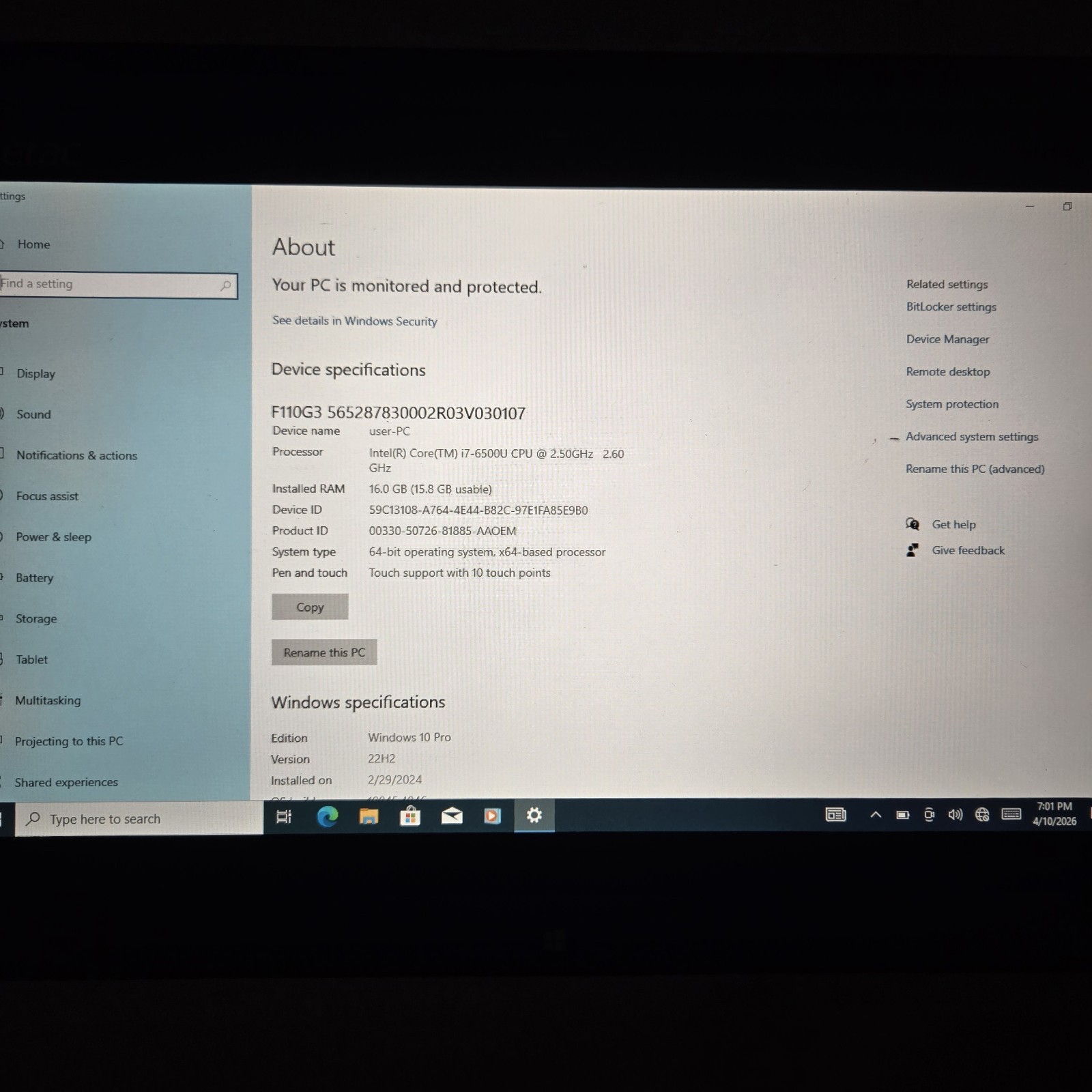 GETAC F110 G3 Rugged Tablet i7-6500U 2.50GHz 256GB SSD 16GB Ram Win10P — READ