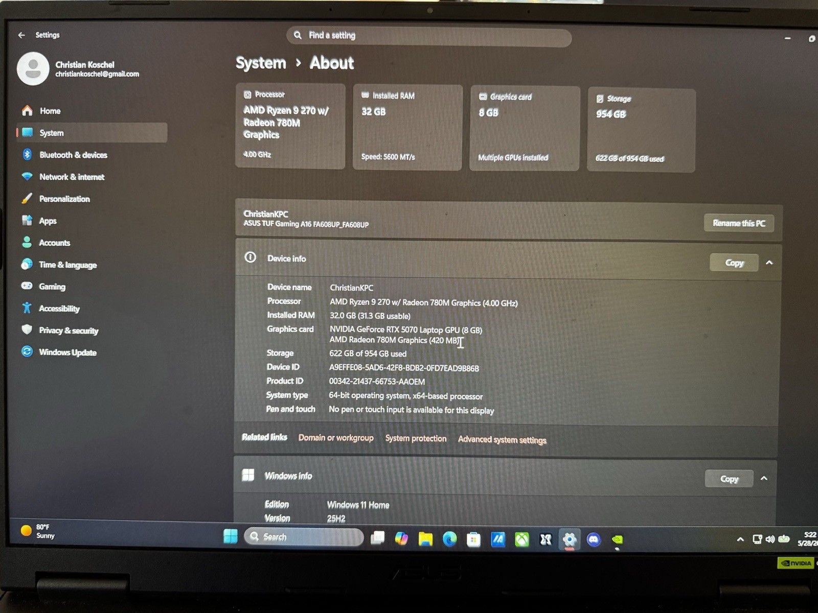 ASUS TUF Gaming A16 16″ Ryzen 9 270 32GB RAM 1TB SSD RTX 5070 Win 11H