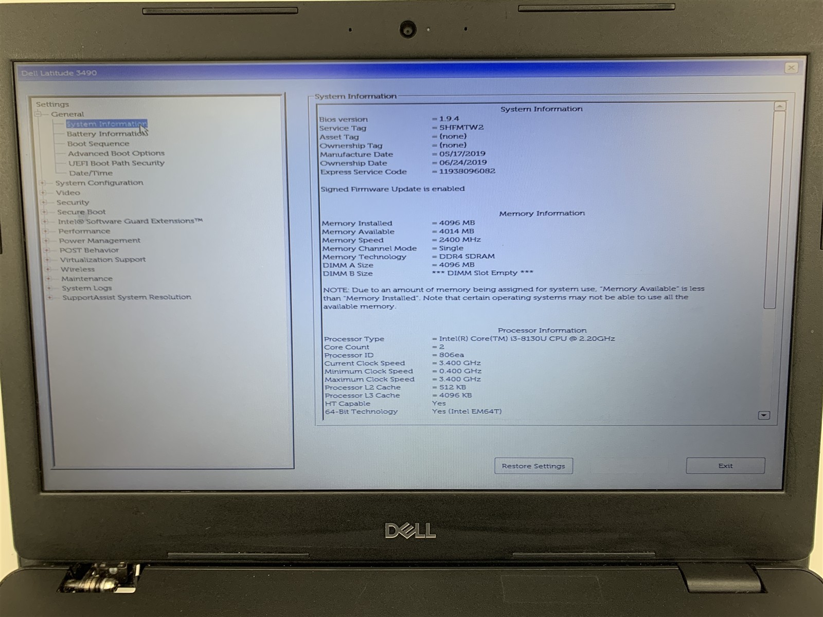 Dell Latitude 3490 Intel i3-8130U 2.20GHz 4GB RAM No HDD/SSD No Battery 5HFMTW2