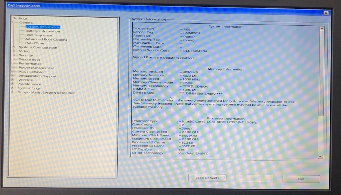 Dell Inspiron 15 3558 Intel Core i3-5015U 2.10GHz 4GB no HDD Boot to BIOS