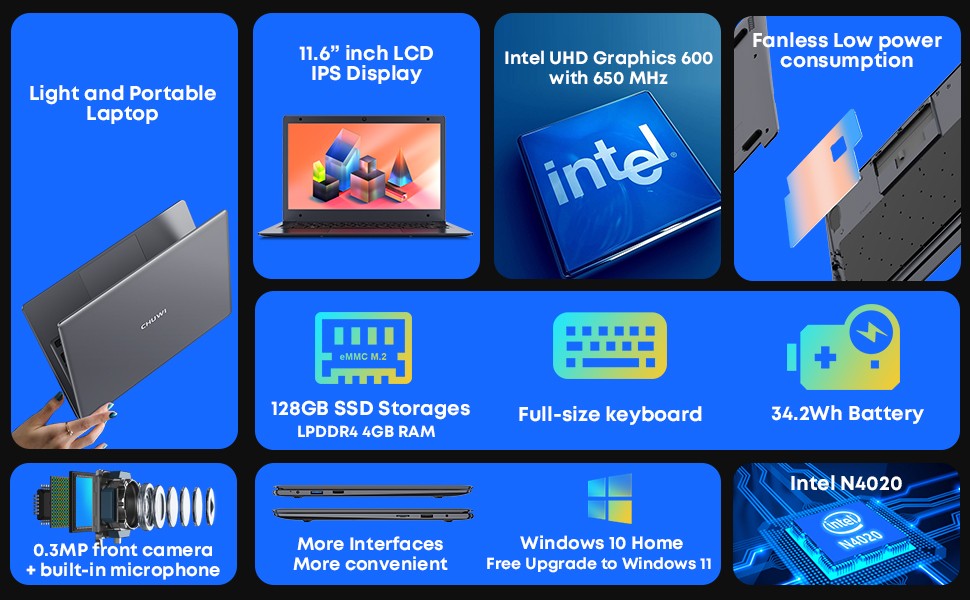 CHUWI HeroBook 14.1″ Windows 11 Laptop Intel N4020 6/8GB RAM 128/256GB SSD