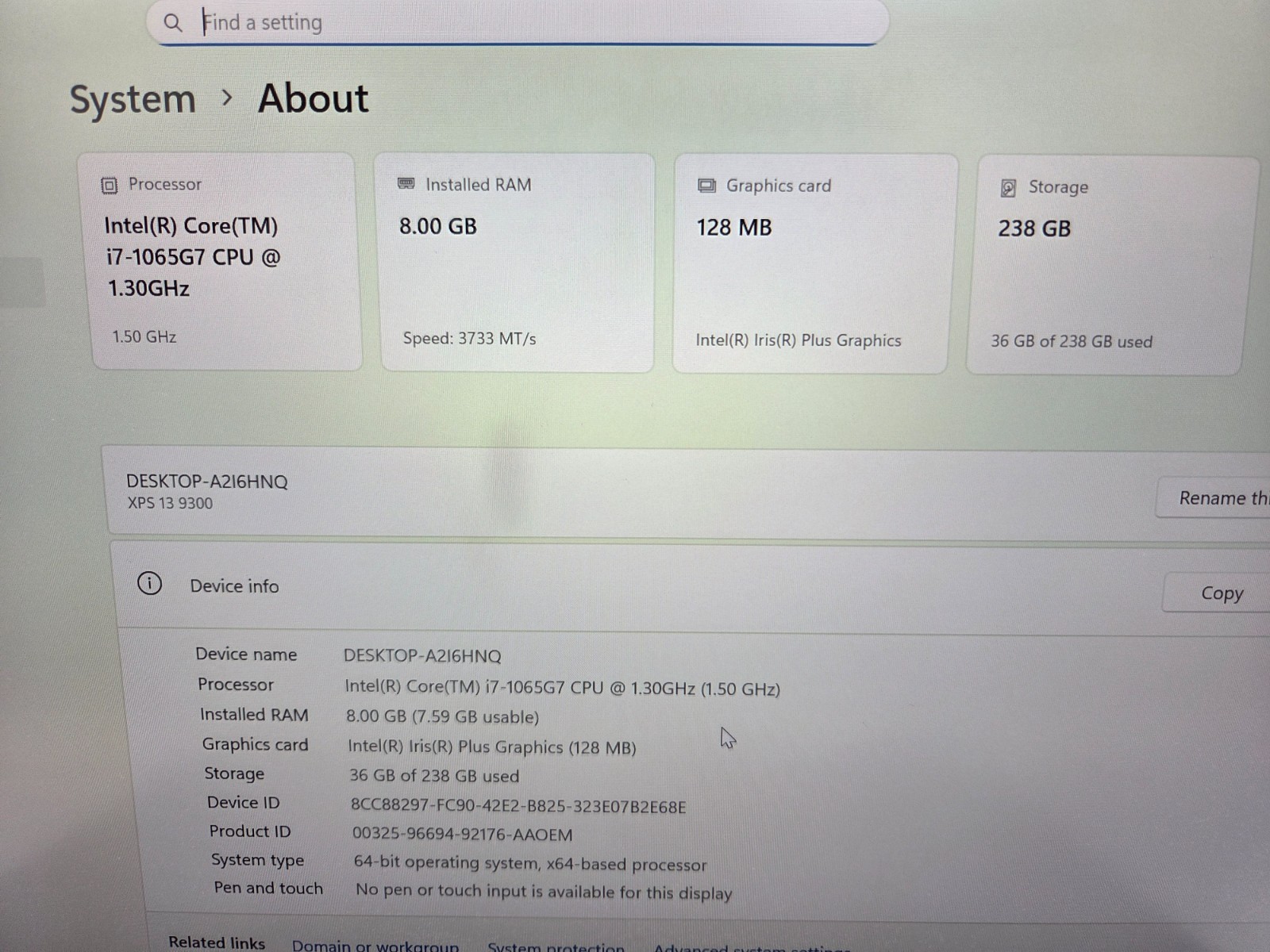 DELL XPS 13 (9300) I7-1065G7 1.30 GHZ 8 RAM 256 SSD | WIN 11