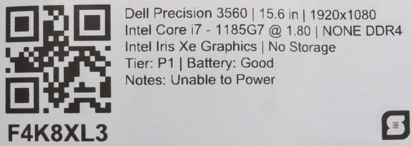Dell Precision 3560 | i7-118G7 @ 1.8GHz | 15.6″ | No RAM/HDD/OS/AC *REPAIR*