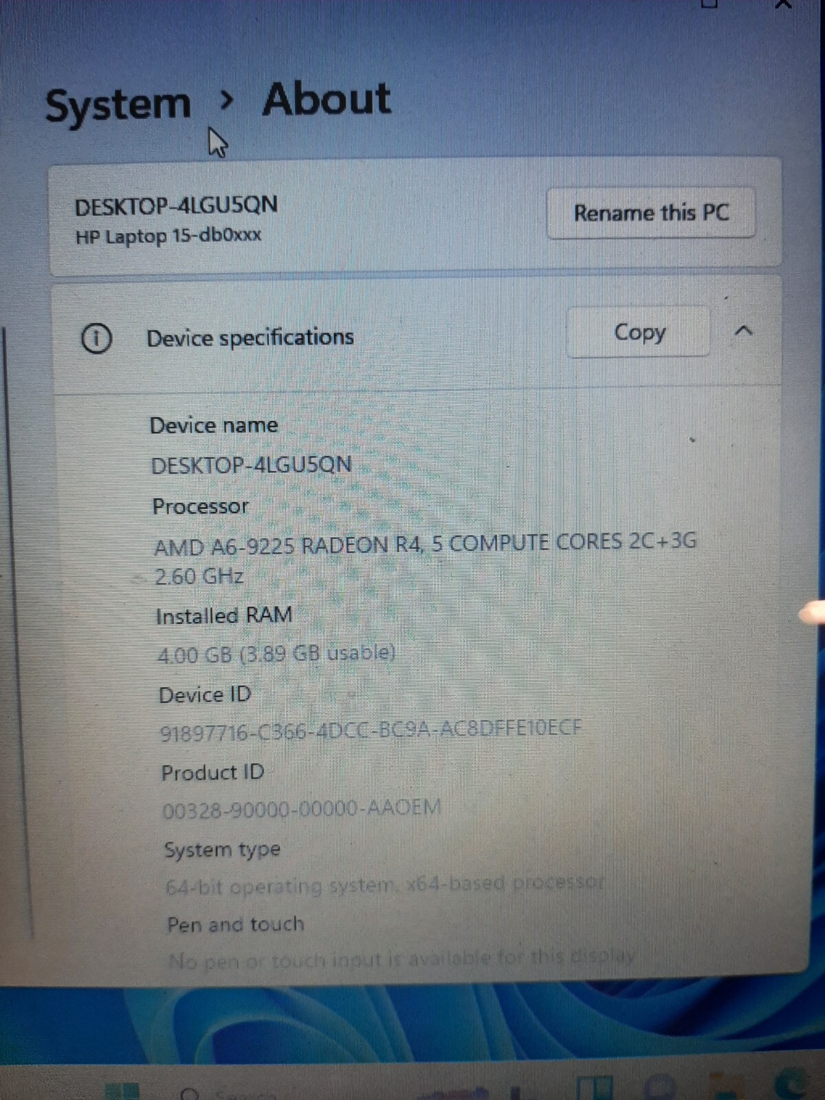 HP Laptop 15-db0083nr A6-9225 2.6GHz 4GB RAM 180GB SSD Win11 #97