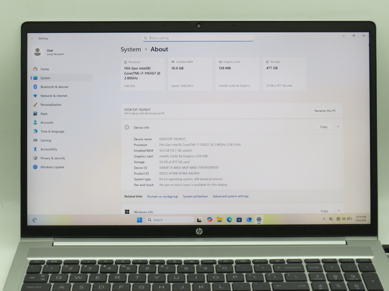 HP Probook 450 G8 i7-1165G @ 2.8GHz 16GB DDR4 512GB m2 15.6″ Win 11 No AC