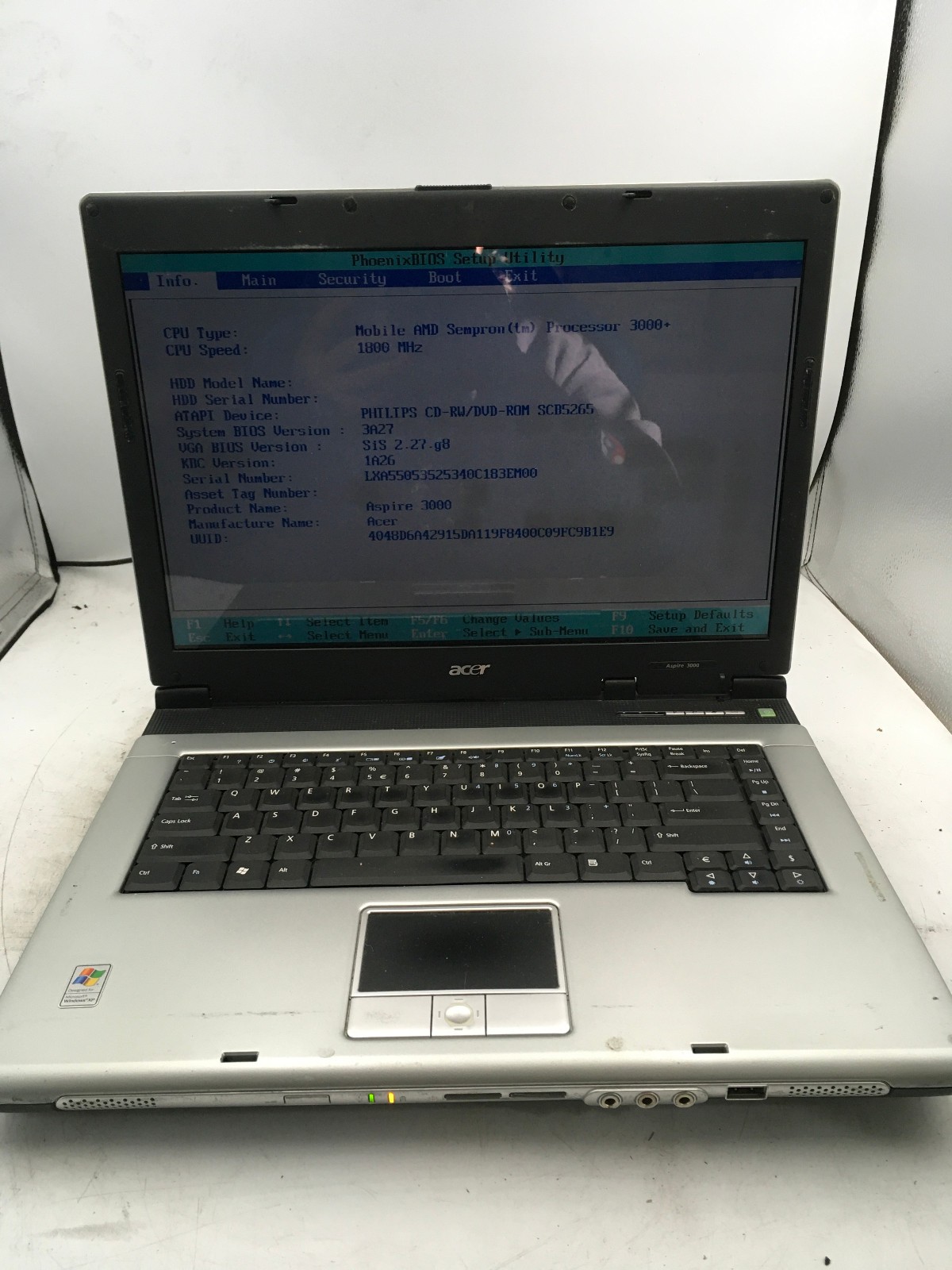 ACER ASPIRE 3000 ZL5 – BOOTS TO BIOS – AMD SEMPRON 3000 – 4GB RAM – READ DESC-BB