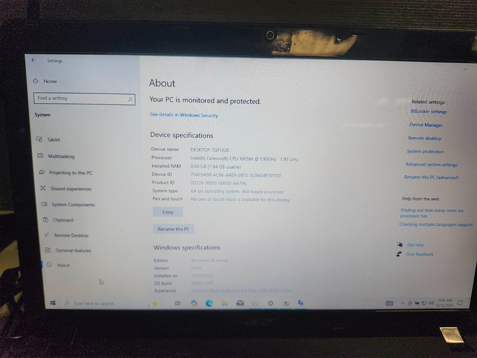 Acer Aspire E1 Q5WPH 15″ Intel Celeron 10005M @ 1.9 GHz 8GB RAM WINDOWS 10 HOME