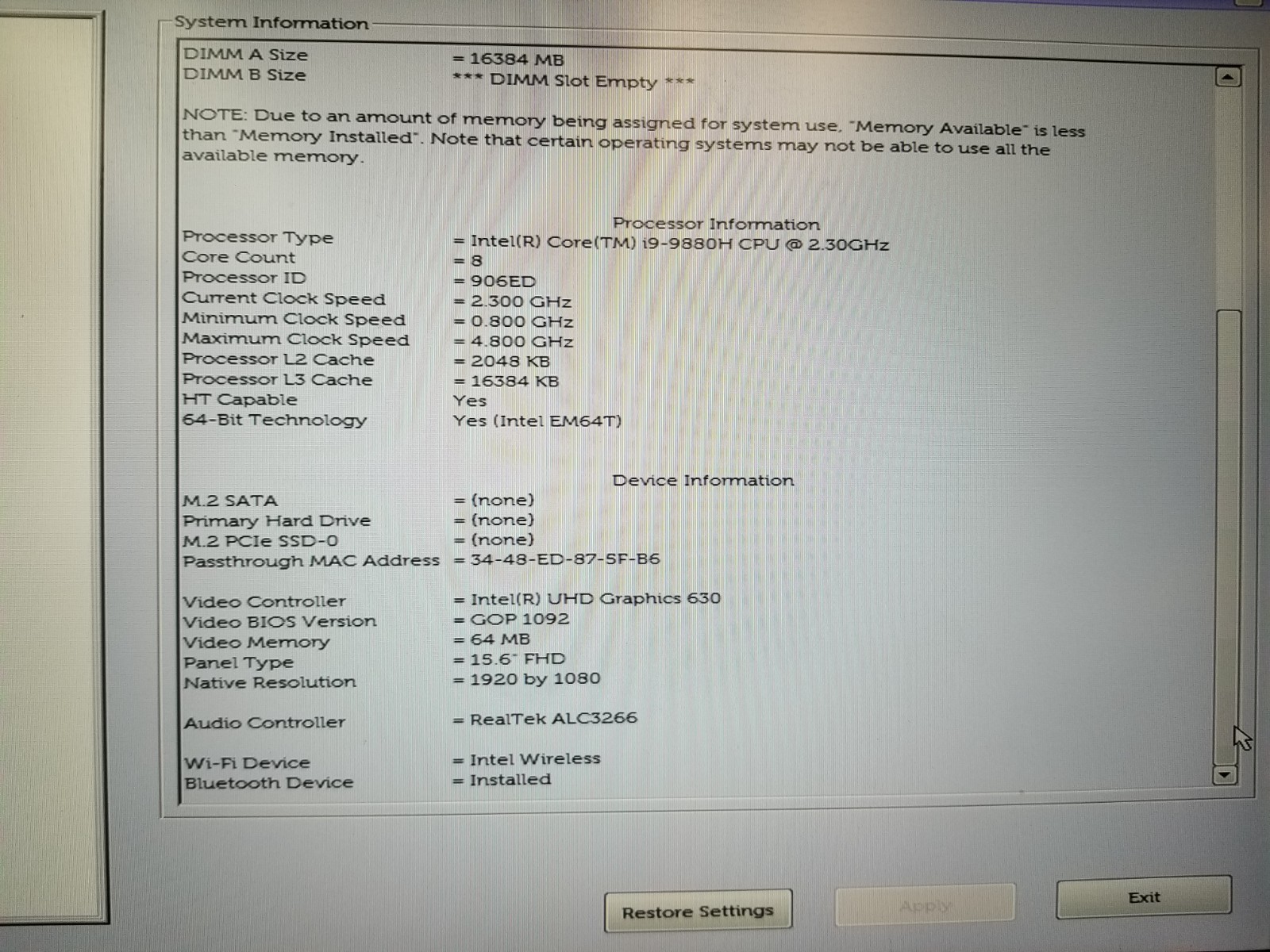 Dell Precision 5540 / Intel Core i9-9880H 2.30GHz / 16GB RAM / No SSD