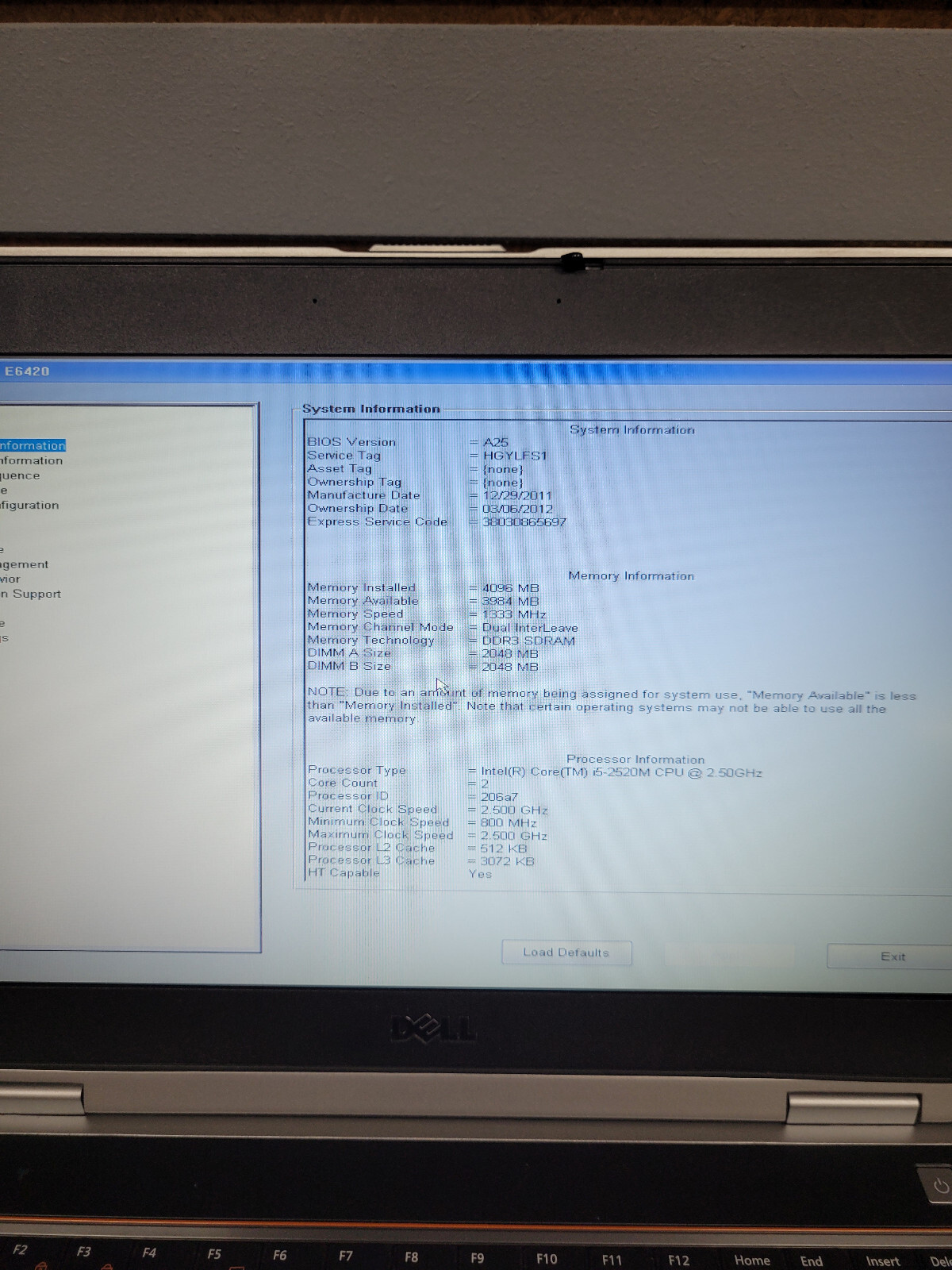 Dell Latitude E6420, Intel Core i5-2520m 2.50GHz 4 GB RAM NO HDD