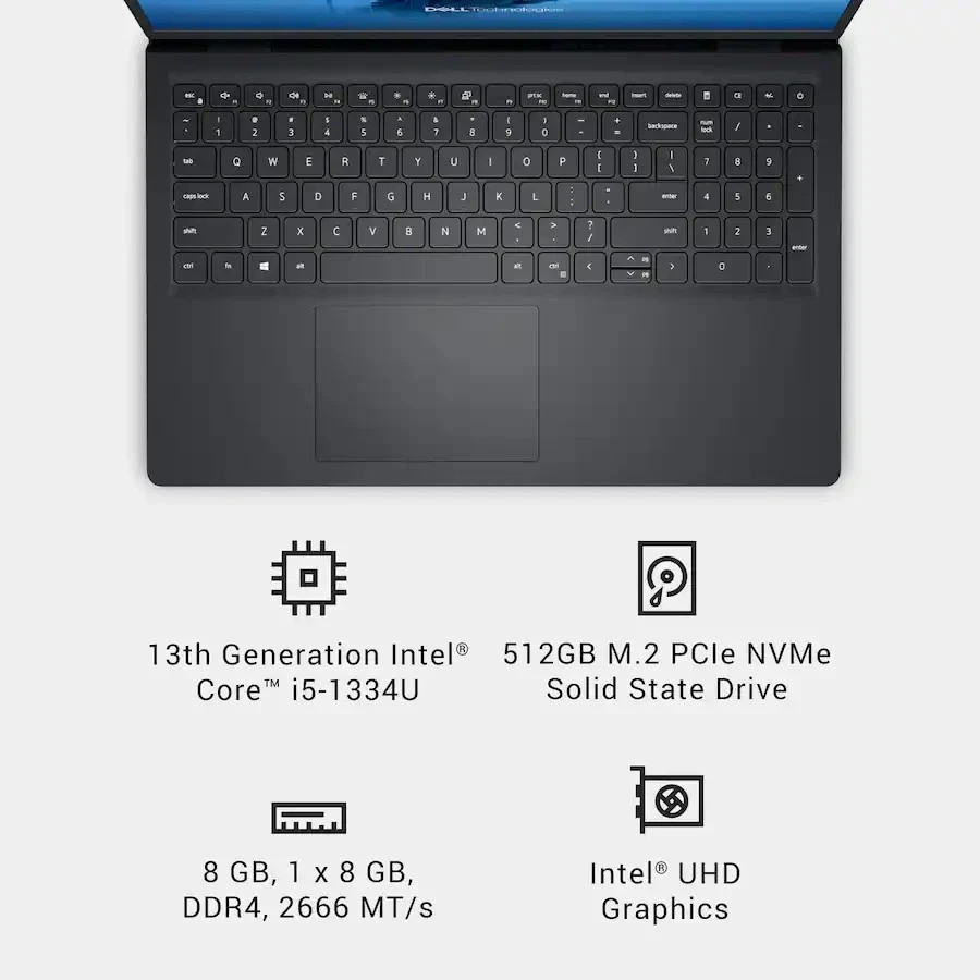 Dell 15.6″ 2K Touch Laptop i5-1334U 13th Gen 8GB 512GB Carbon Black 2023