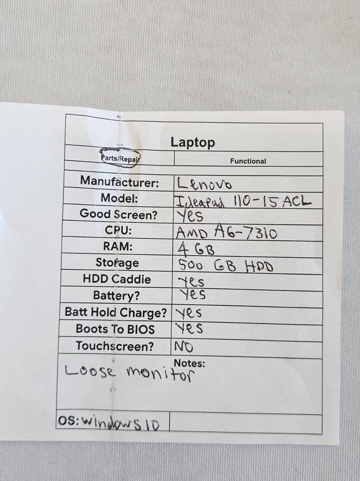 Lenovo IdeaPad 110-15ACL Laptop – AMD A6-7310 – 4GB RAM – 500GB HDD Win 10 READ