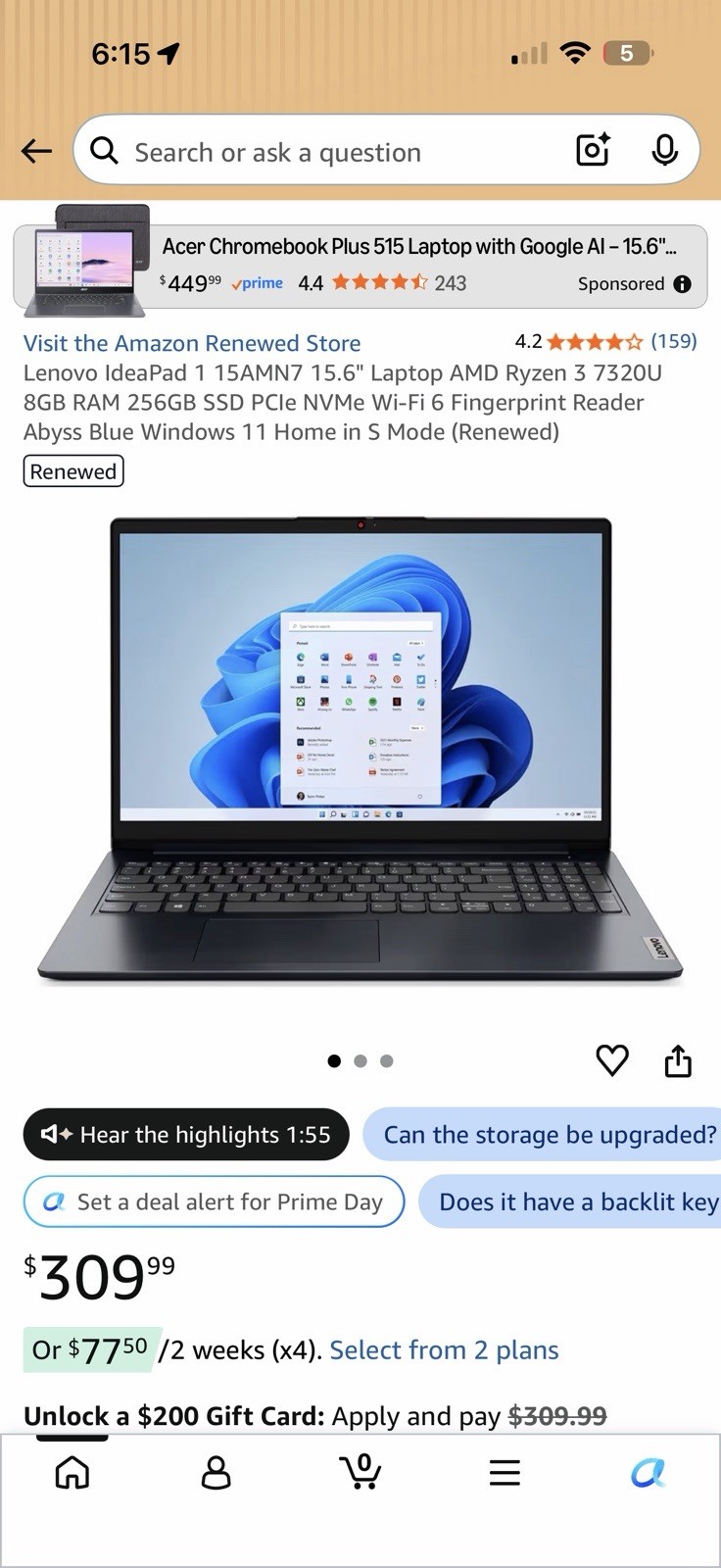 Lenovo IdeaPad 1 15AMN7 15.6″ Ryzen 3 7320U 8GB 256GB SSD Blue