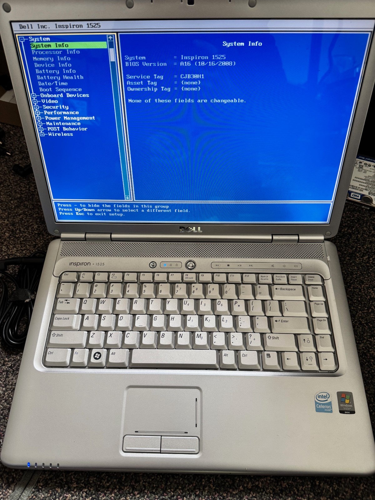 DELL INSPIRON 1525 – BOOTS 2 BIOS INTEL CORE 2 DUO 2GB RAM – NO HDD NO BATTERY