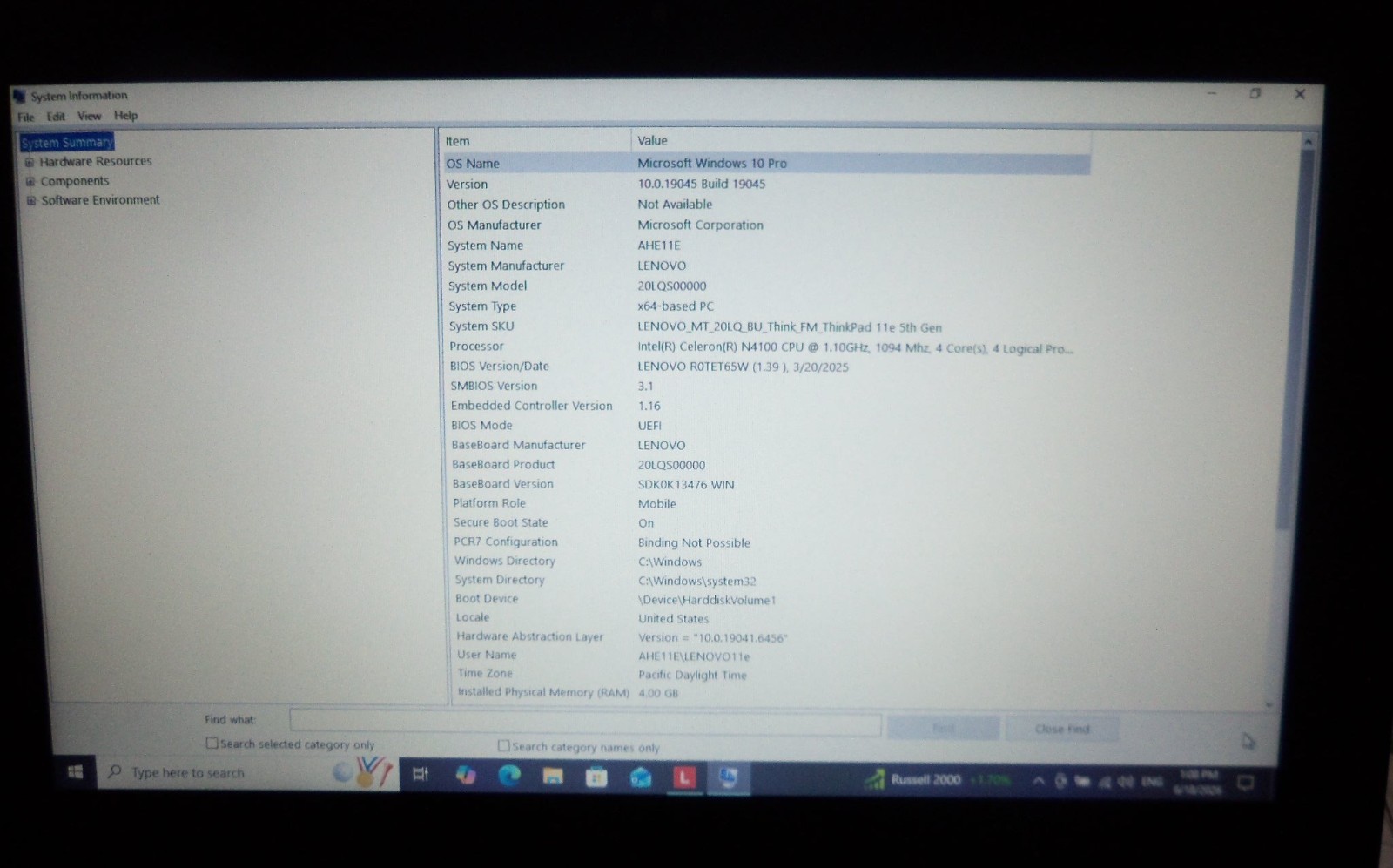 Lenovo Thinkpad 11e 5th gen, Intel Celeron N4100 1.1 GHz, 4GB RAM, 128GB NVMe