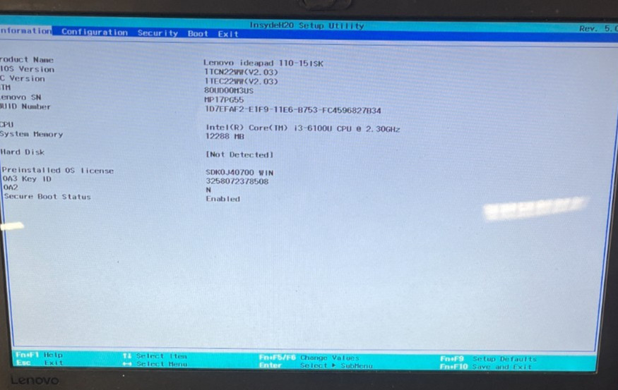 Lenovo Ideapad 110-15ISK Intel Core i3-6100 2.30GHz 12GB NO HDD