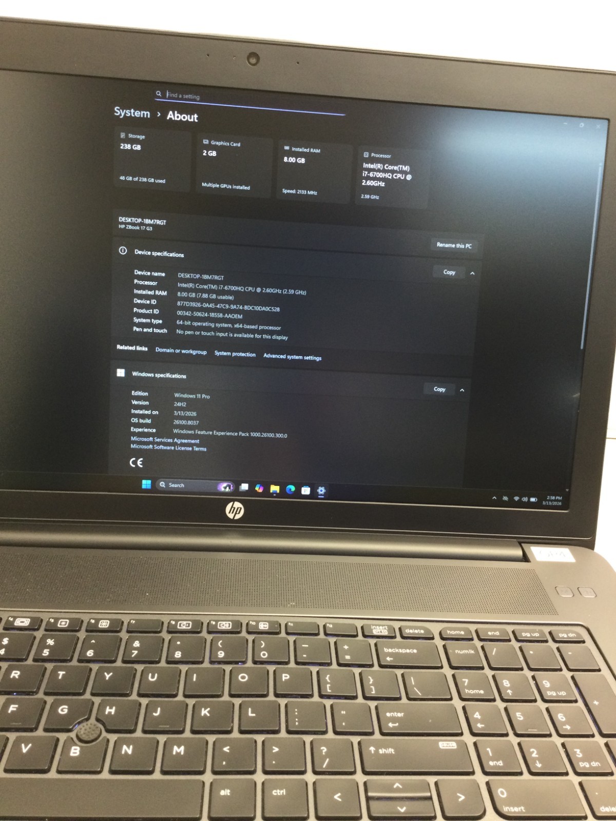 HP ZBook 17 G3 core i7 6th gen 2.60ghz 256GB SSD 8GB RAM 17.4” WIN 11 PRO