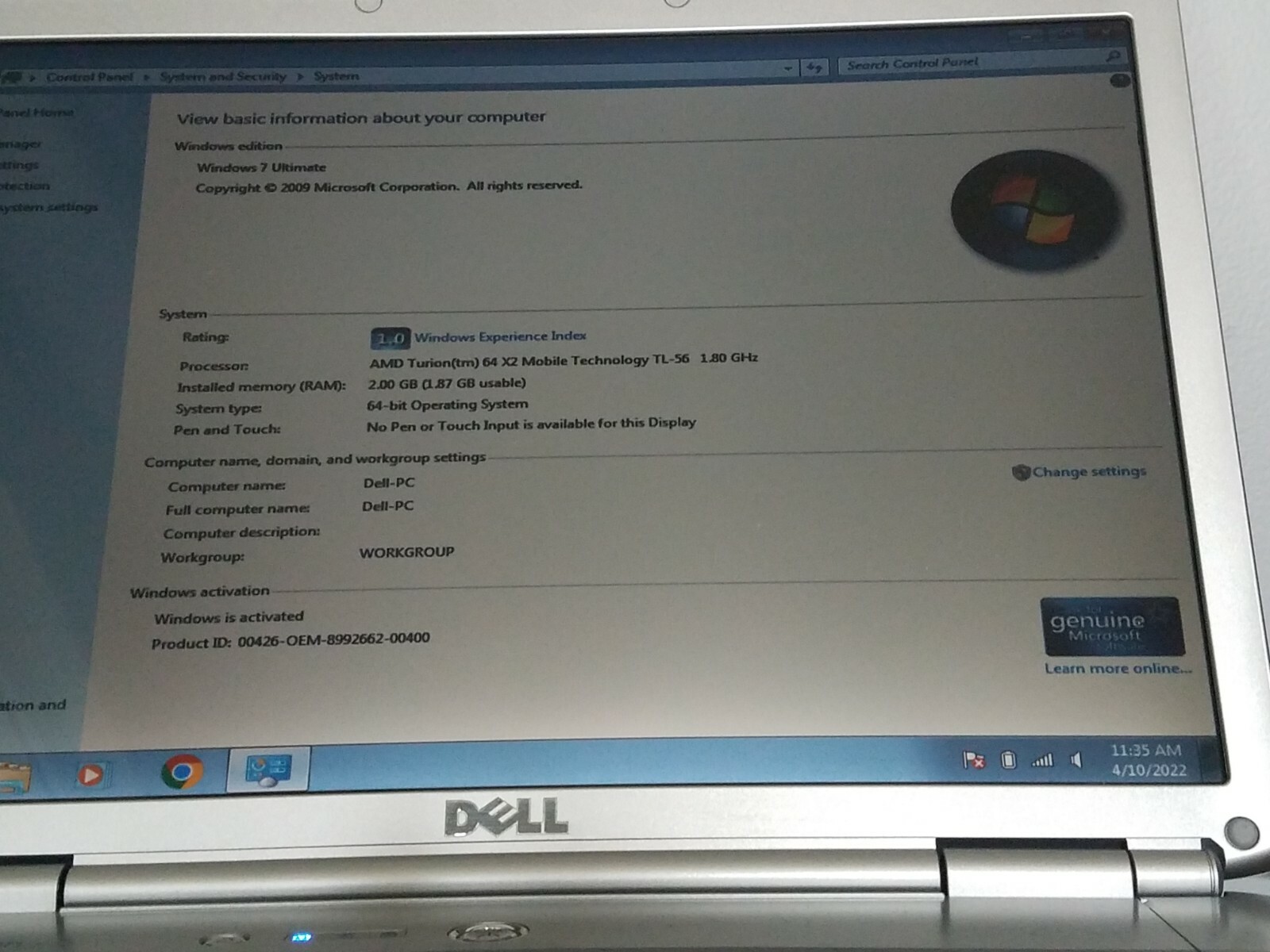 Dell Inspiron 1521 15.6”(AMD Dual-Core @ 1.8GHz ,2GB RAM ,40GB HDD) Win 7