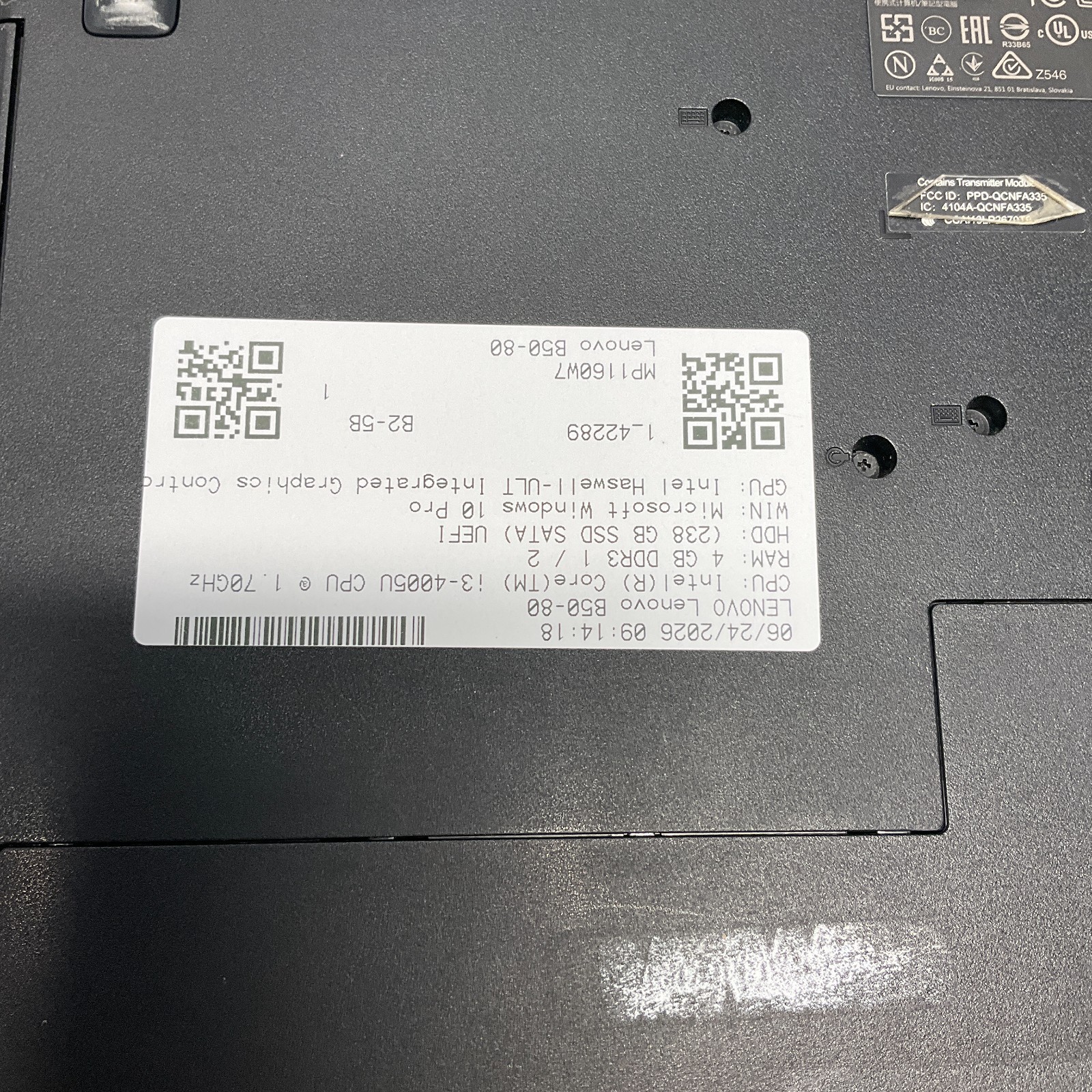 Lenovo Laptop B50-80 Intel i3-4005U @ 1.70 GHz 4GB 250GB SSD Windows 10 Pro