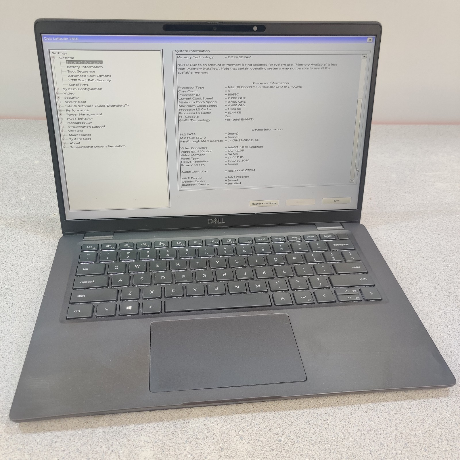 DELL LATITUDE 7410 CORE I5-10310U 16GB RAM NO SSD/OS/POWER ADAPTER/BATTERY