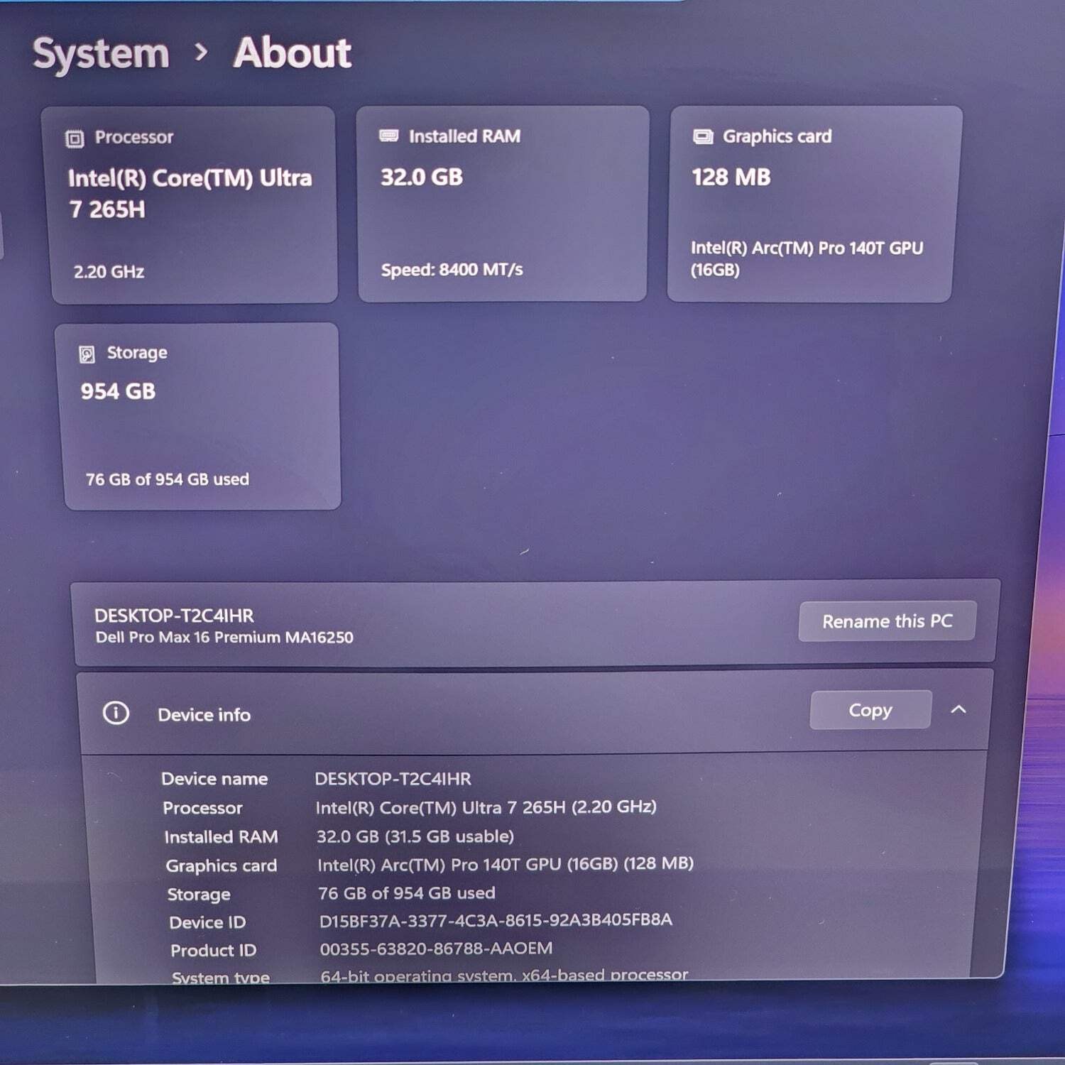 Dell Pro Max 16 Premium MA16250 16″ Core Ultra 7 265H 2.2GHz 32GB RAM 1TB SSD