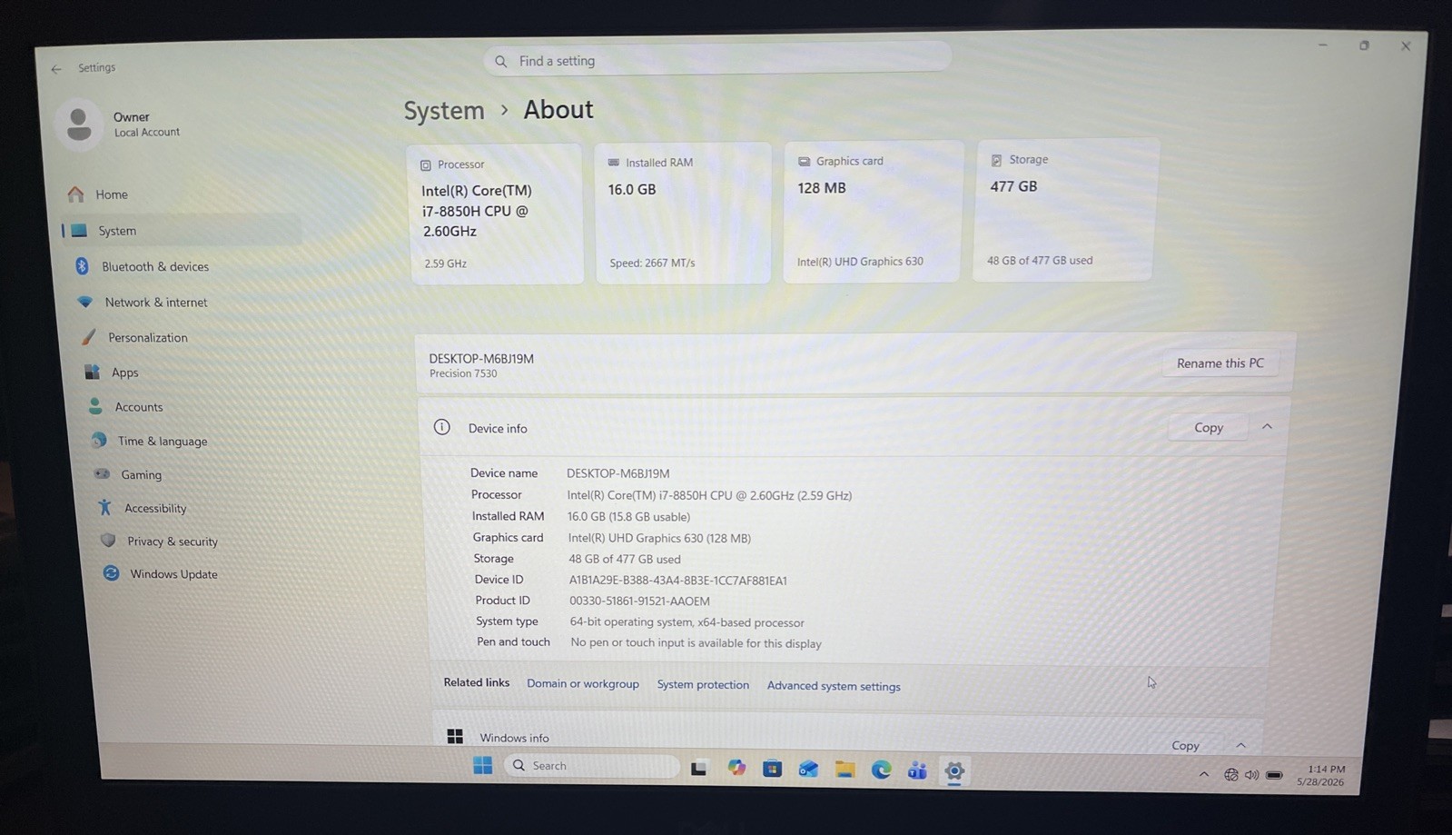 Dell Precision 7530 15.6″ i7-8850H@2.6GHz, 16GB RAM, 512GB M2, Windows 11 Pro