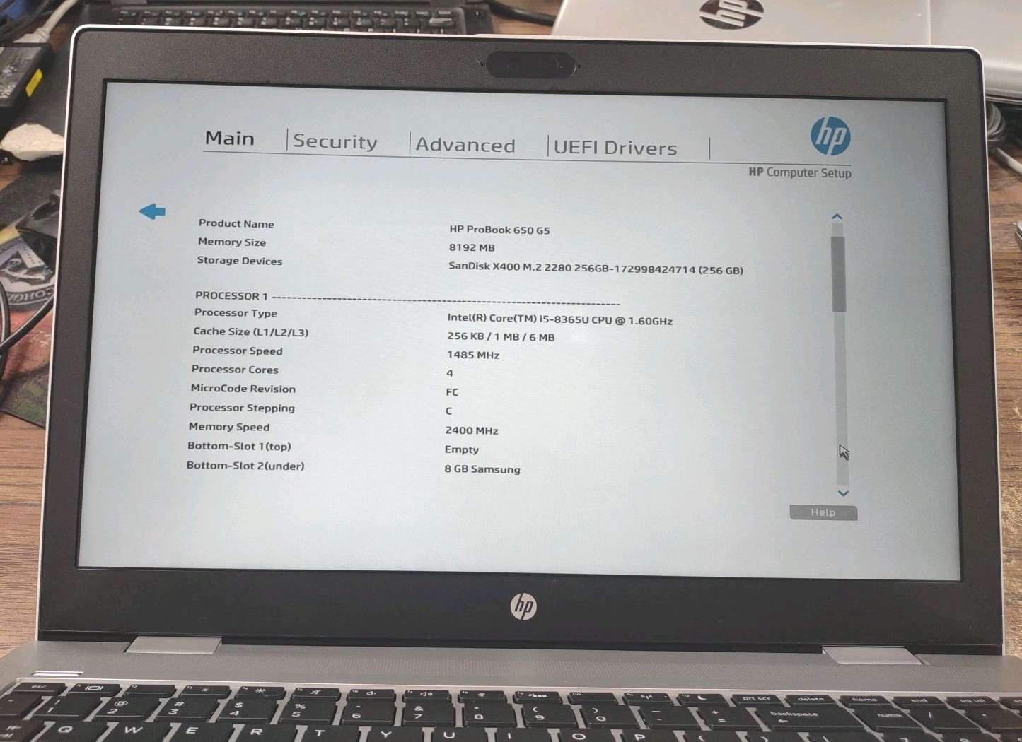 HP ProBook 650 G5 15.6″ W/ Intel i5-8365U @ 1.6GHz, 8GB, 256GB.