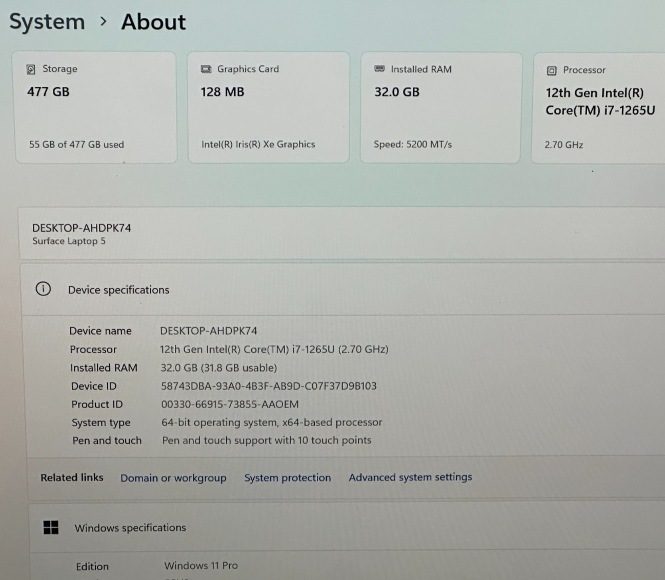 MICROSOFT SURFACE 5 LAPTOP CORE i7-1265u @ 2.70 GHZ 32GB RAM 476GB SSD (lp695)