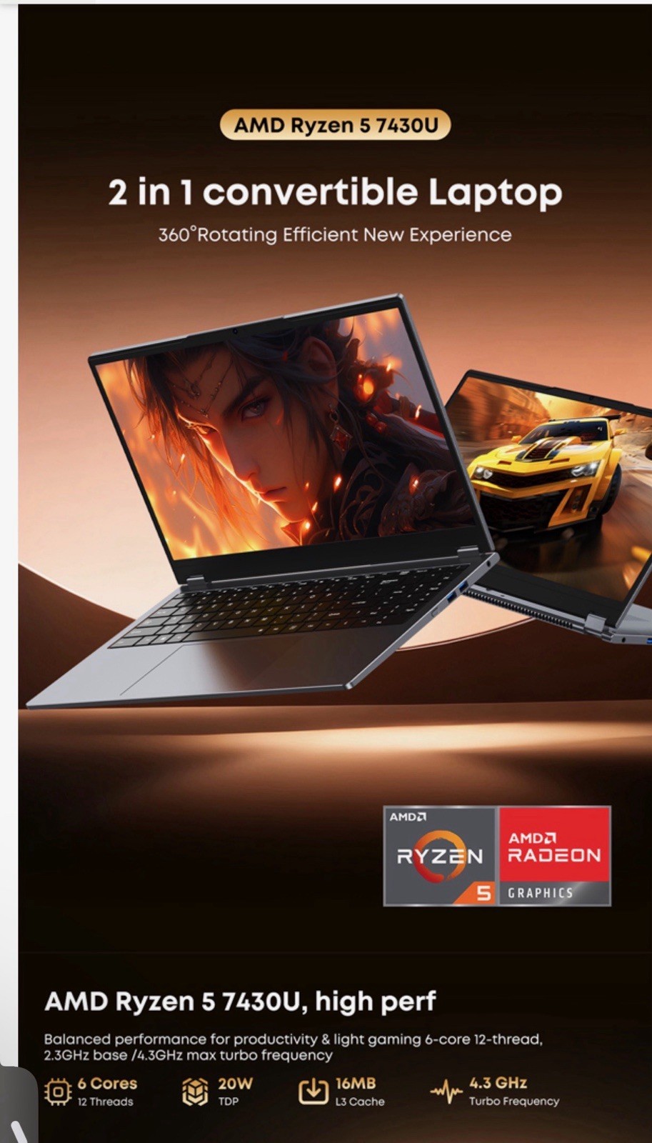15.6″ Laptop Computer 2-in-1 AMD Ryzen 7430U, Win 11 Pro, MS Office 365, 16GB RM