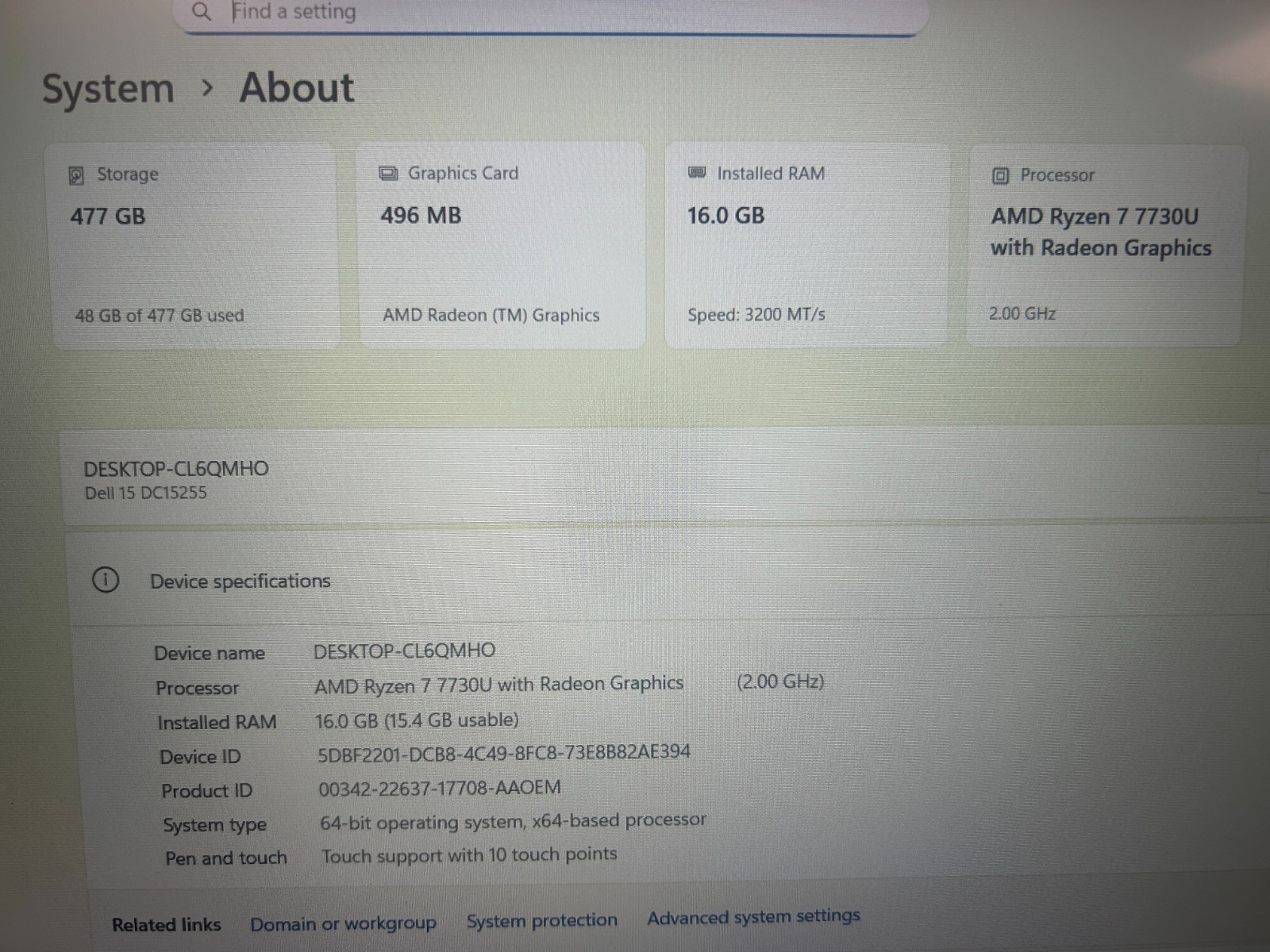 DELL 15 DC15255 G8MK9, AMD Ryzen 7 7730U, 2.00 GHz, 16 GB RAM 512 GB NVMe