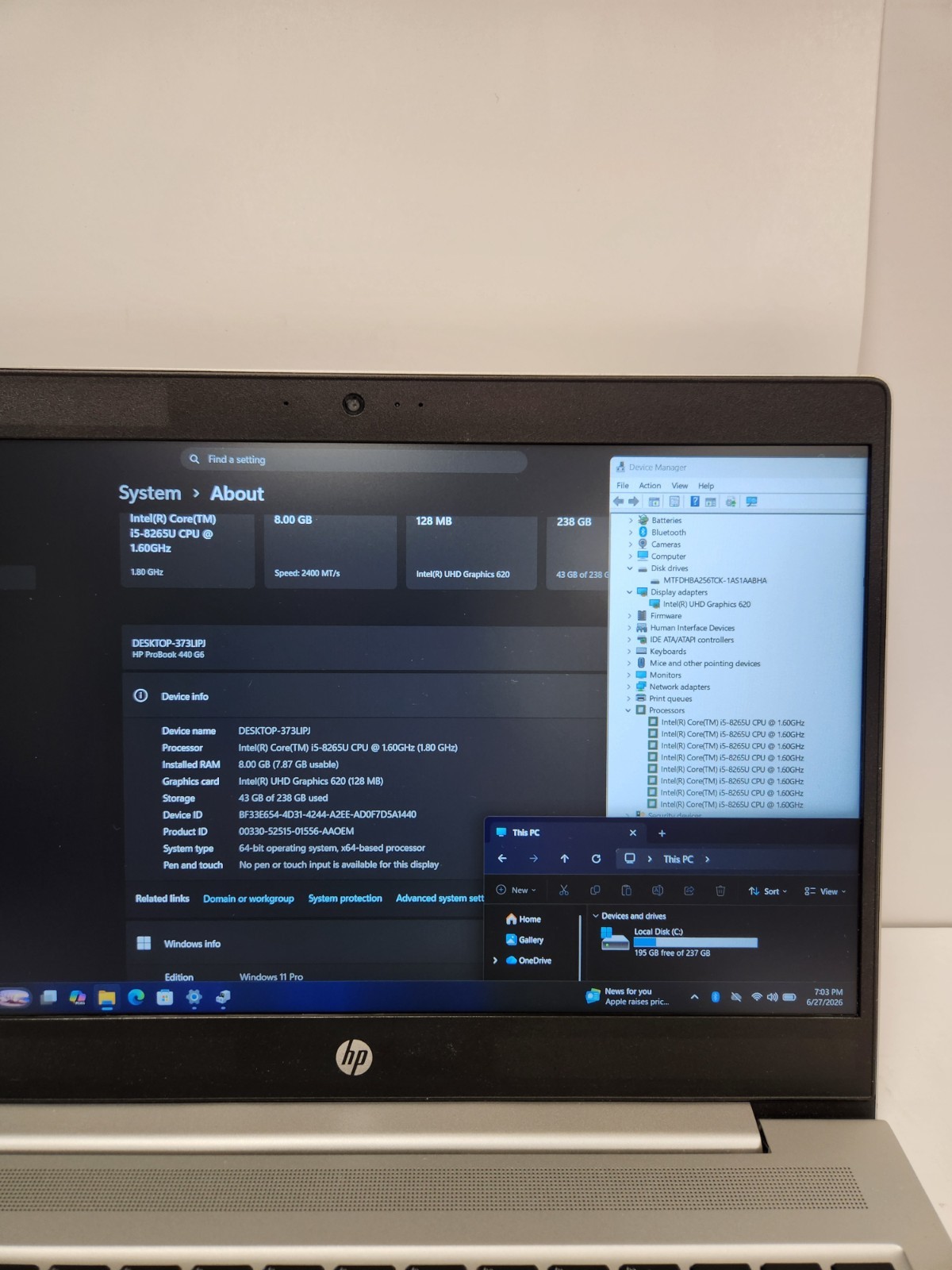 Lot of 2 HP ProBook 440 G6 Core i5-8265U, 8GB RAM, 256GB NVME, Win11 PRO #0514