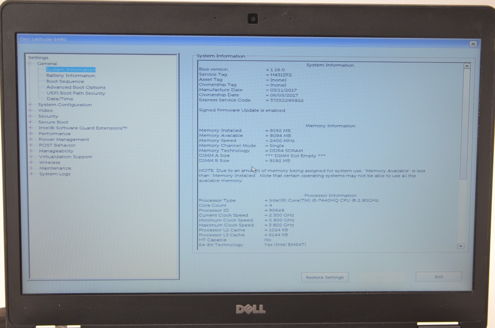 Dell Latitude 5480 14″ 1920 x 1080 Laptop I5-7440HQ 8GB RAM NO HDD NO OS PARTS