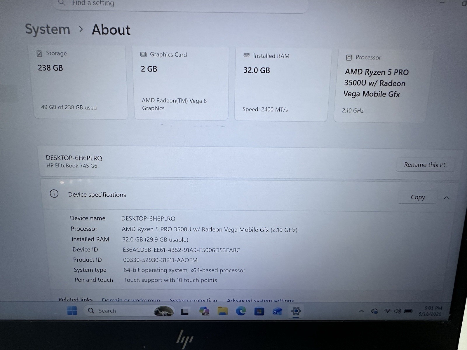 HP Elitebook 745 G6 Ryzen 5 Pro 3500u Radeon Vega 8 Graphics 32gb RAM 256gb SSD