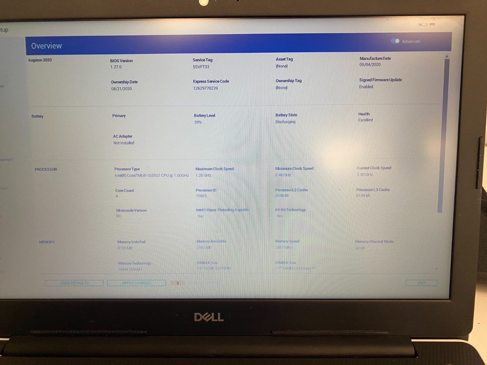 Dell Inspiron 3593 15.6″ Intel Core i5 1035G1 CPU 8GB RAM NO SSD/OS/CHARGER